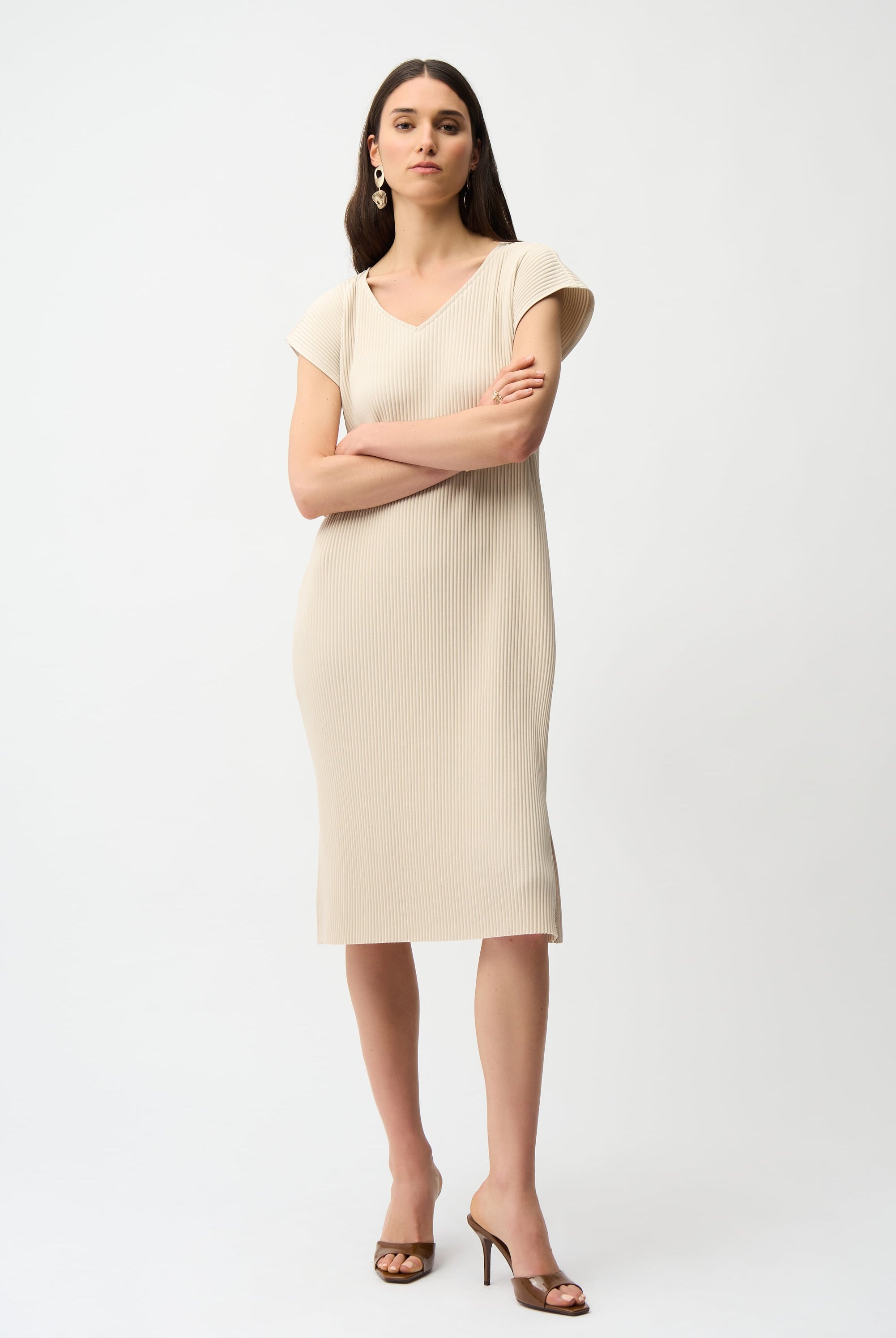Pleated Scuba Crepe Straight Dress With Pockets