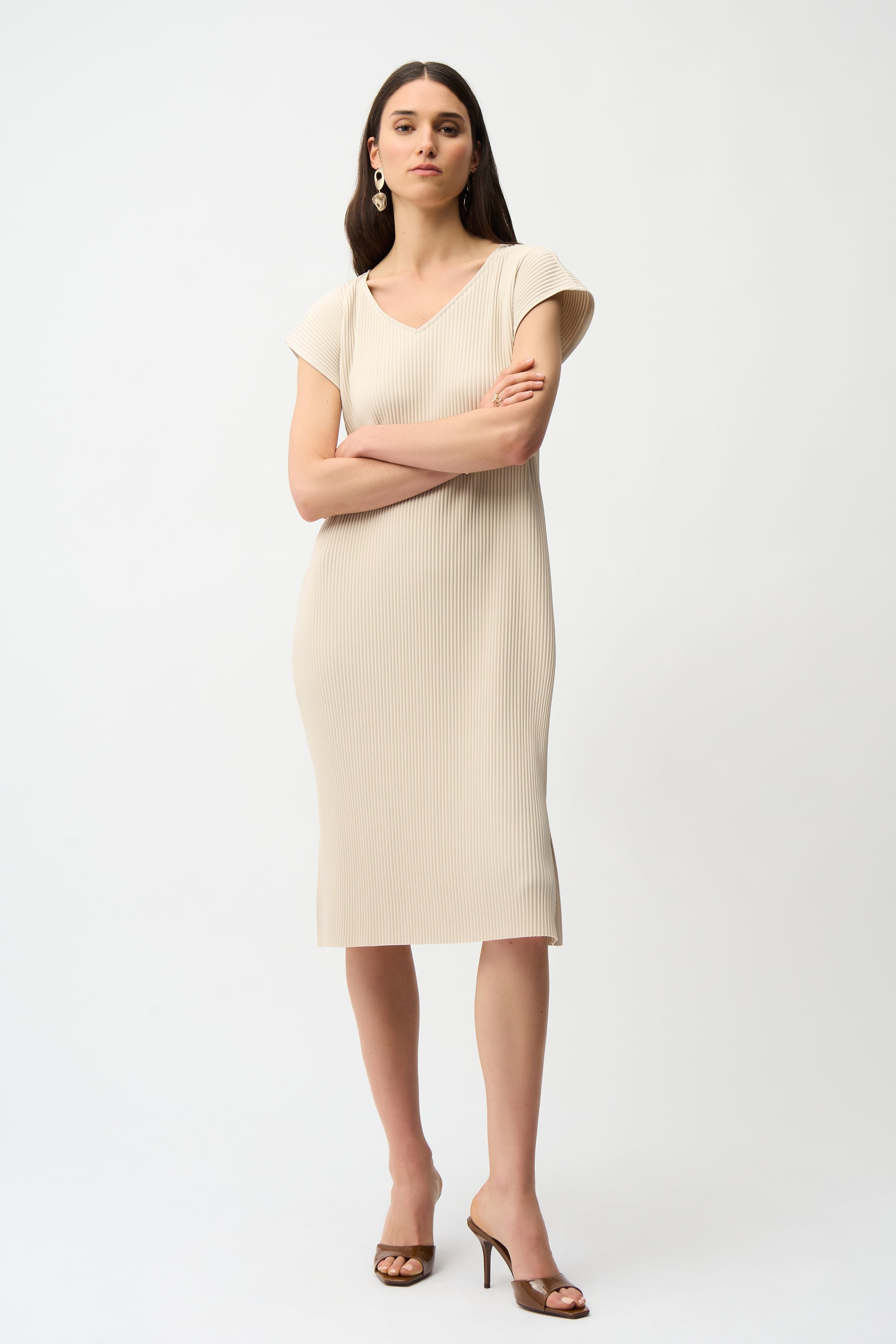 Pleated Scuba Crepe Straight Dress With Pockets
