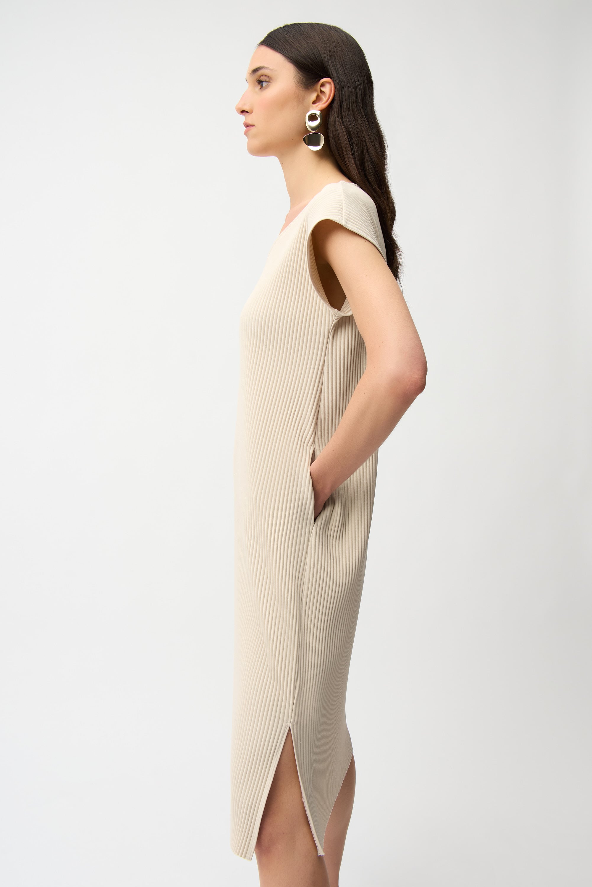 Pleated Scuba Crepe Straight Dress With Pockets