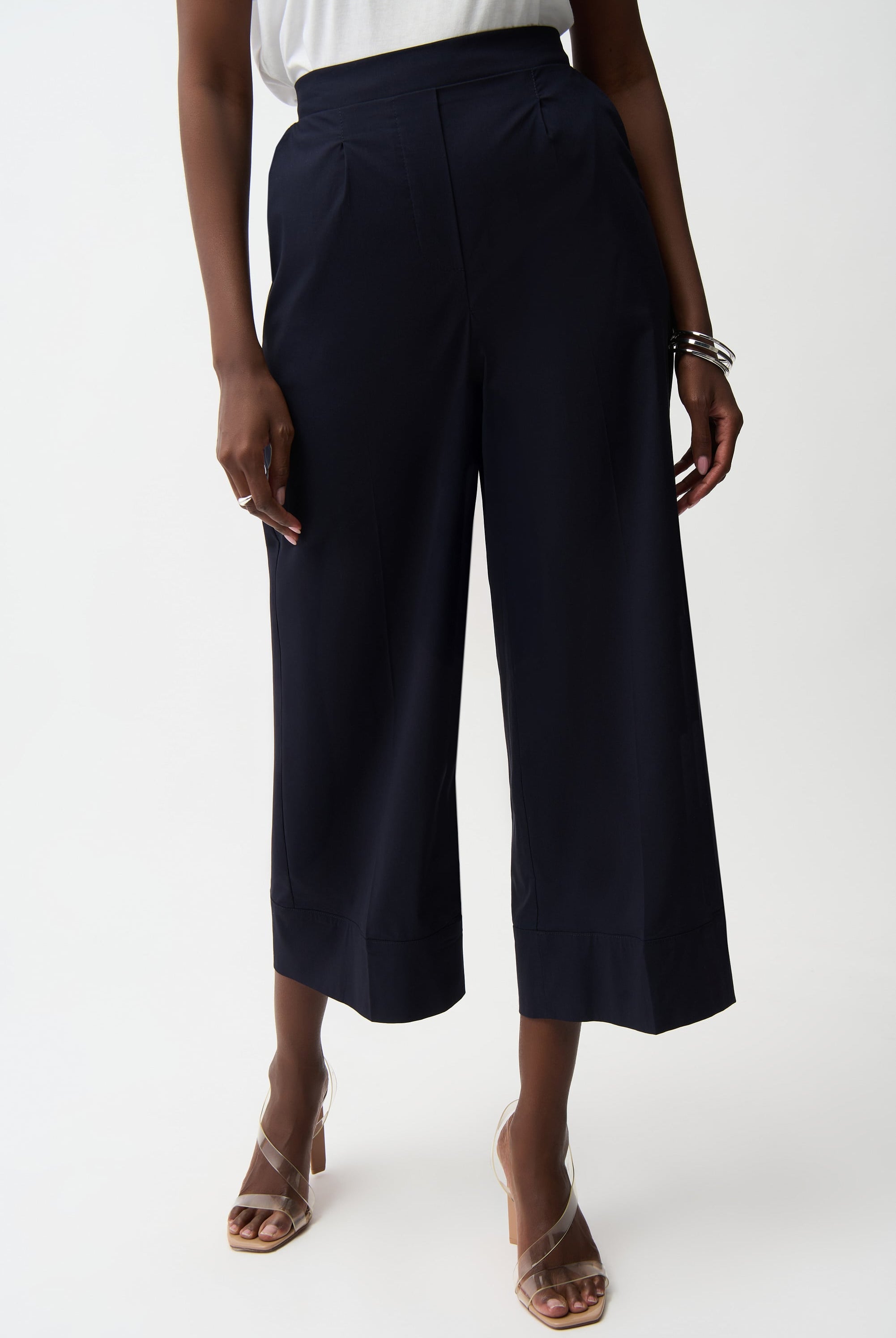 Stretch Poplin Pull-On Culotte Pants With Pleats