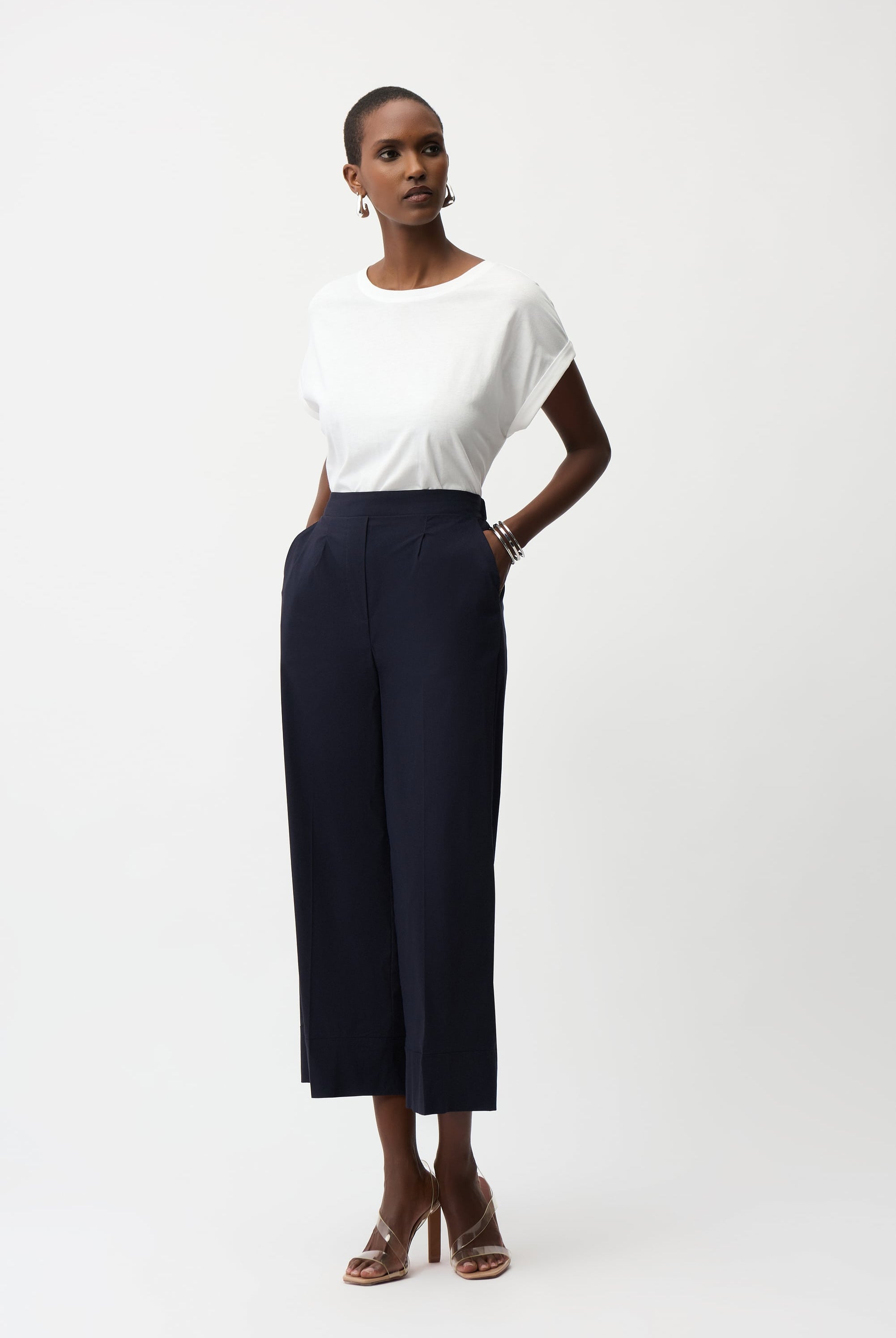 Stretch Poplin Pull-On Culotte Pants With Pleats