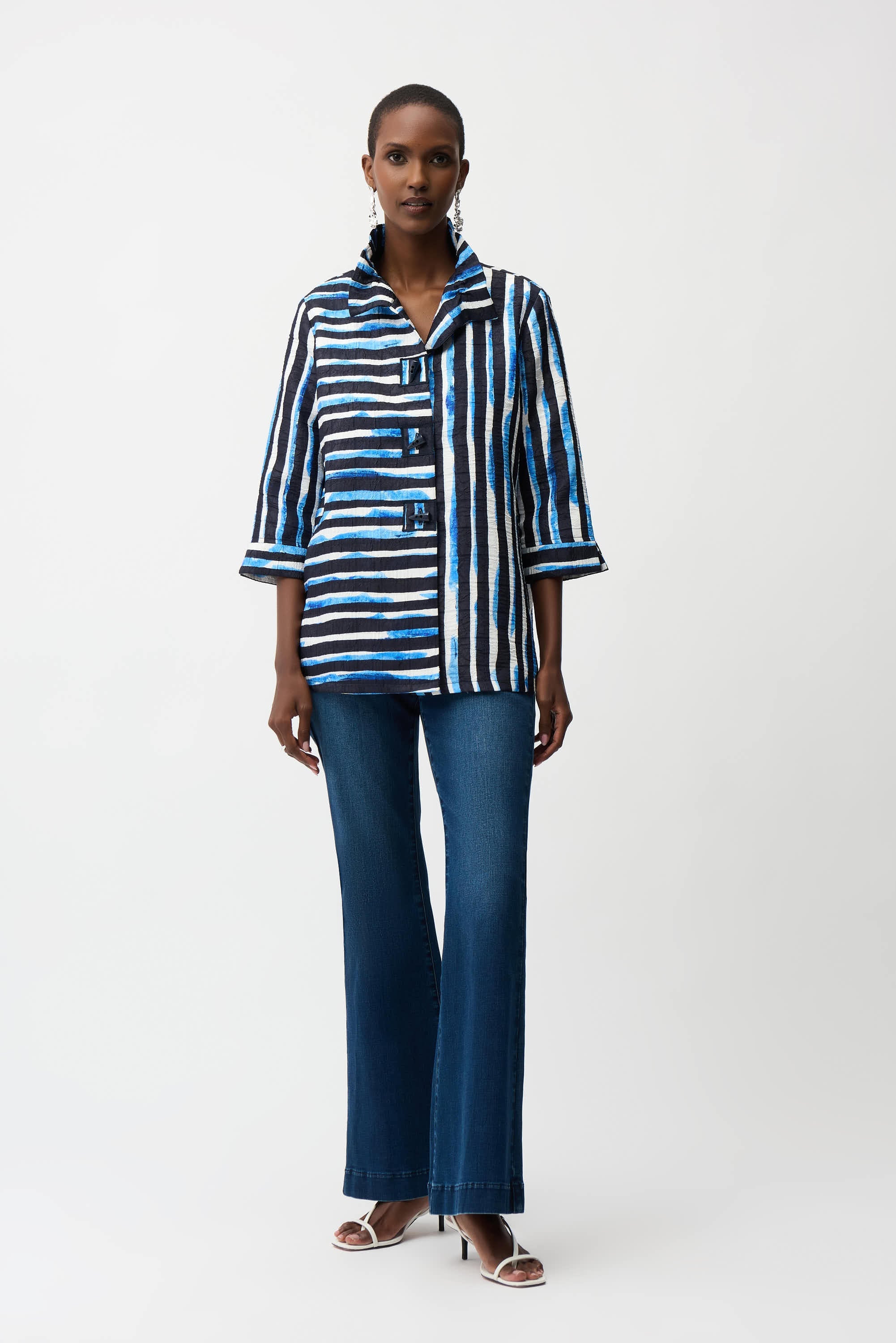 Jacquard Stripe Print Trapeze Jacket With Shirred Collar