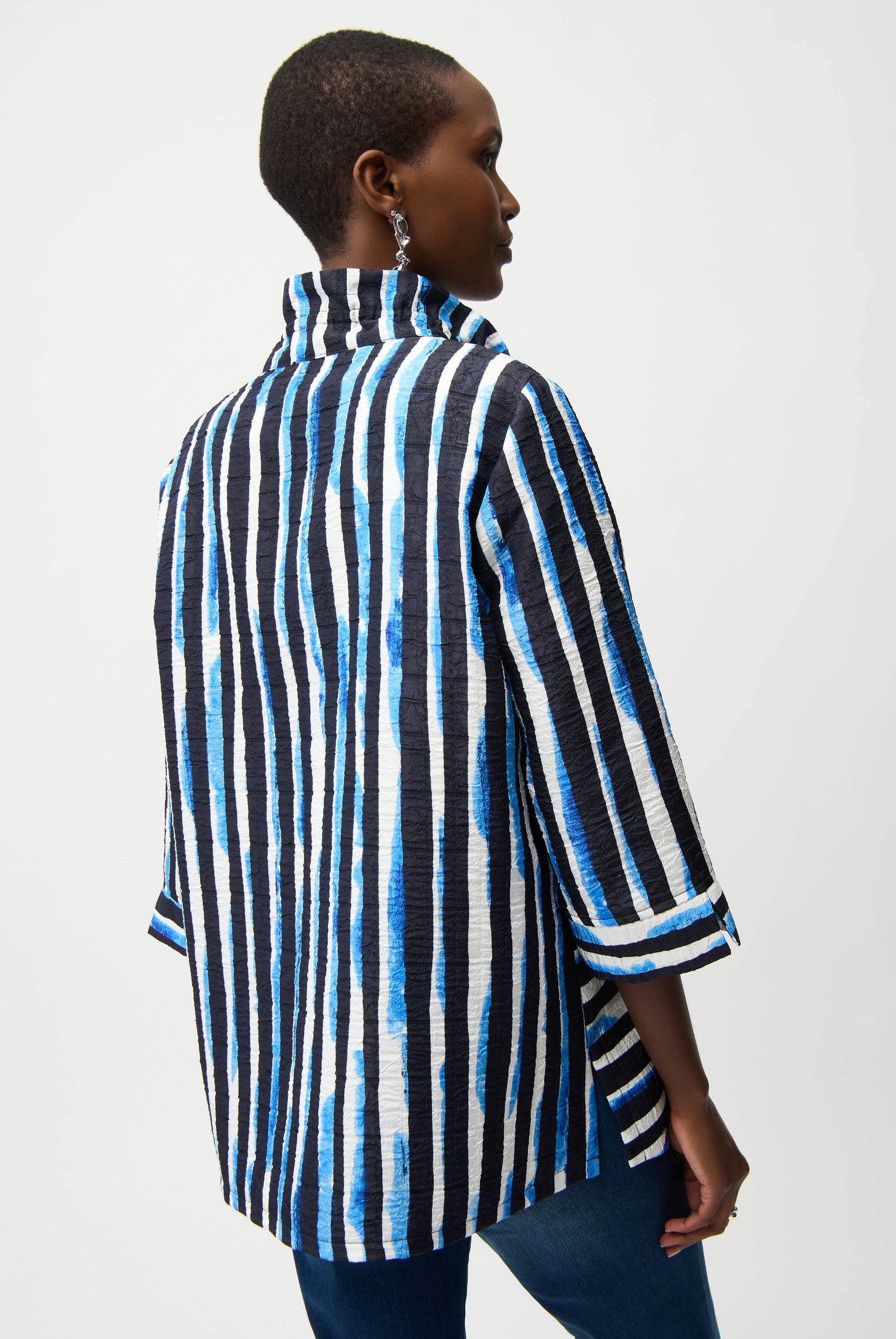 Jacquard Stripe Print Trapeze Jacket With Shirred Collar