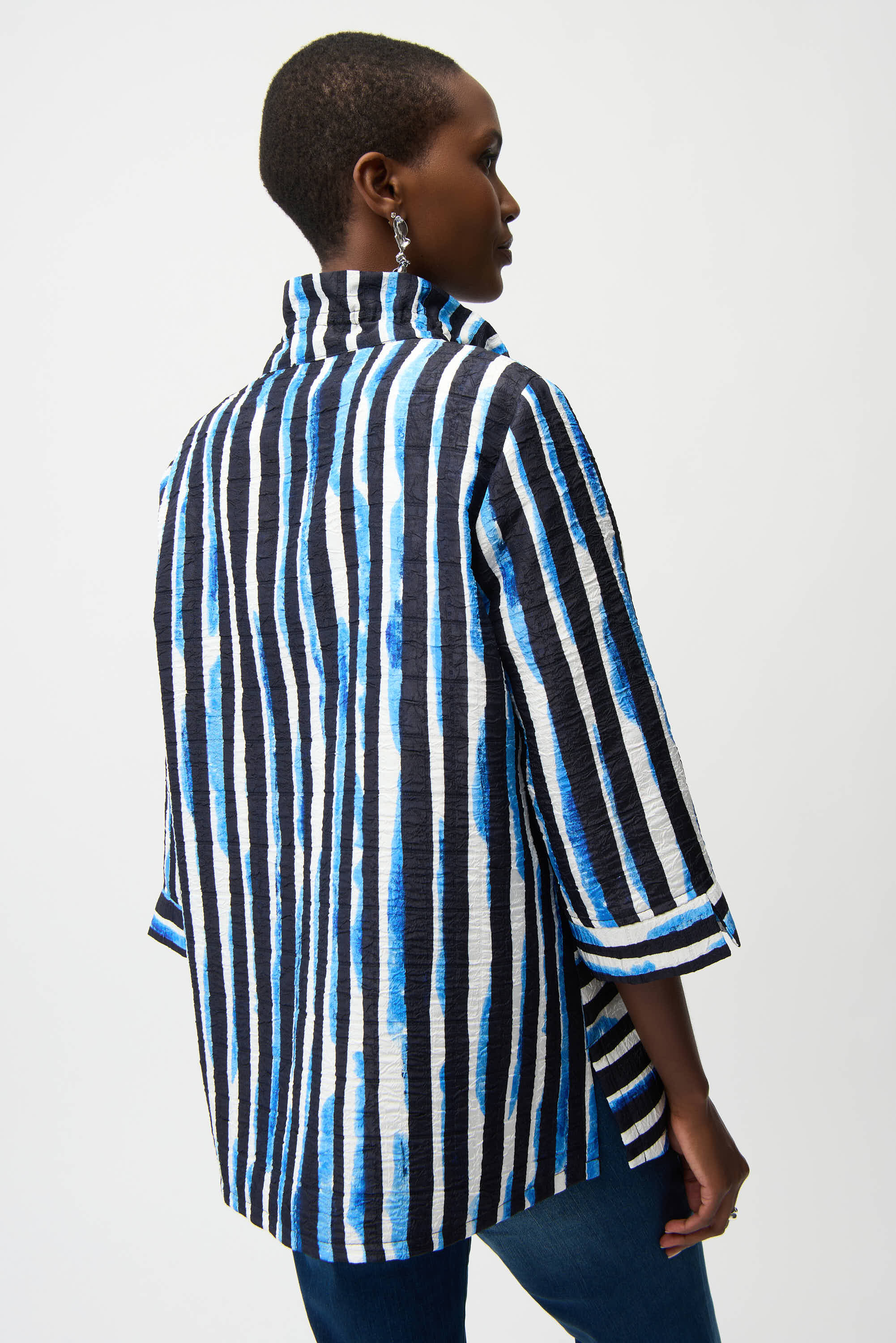Jacquard Stripe Print Trapeze Jacket With Shirred Collar