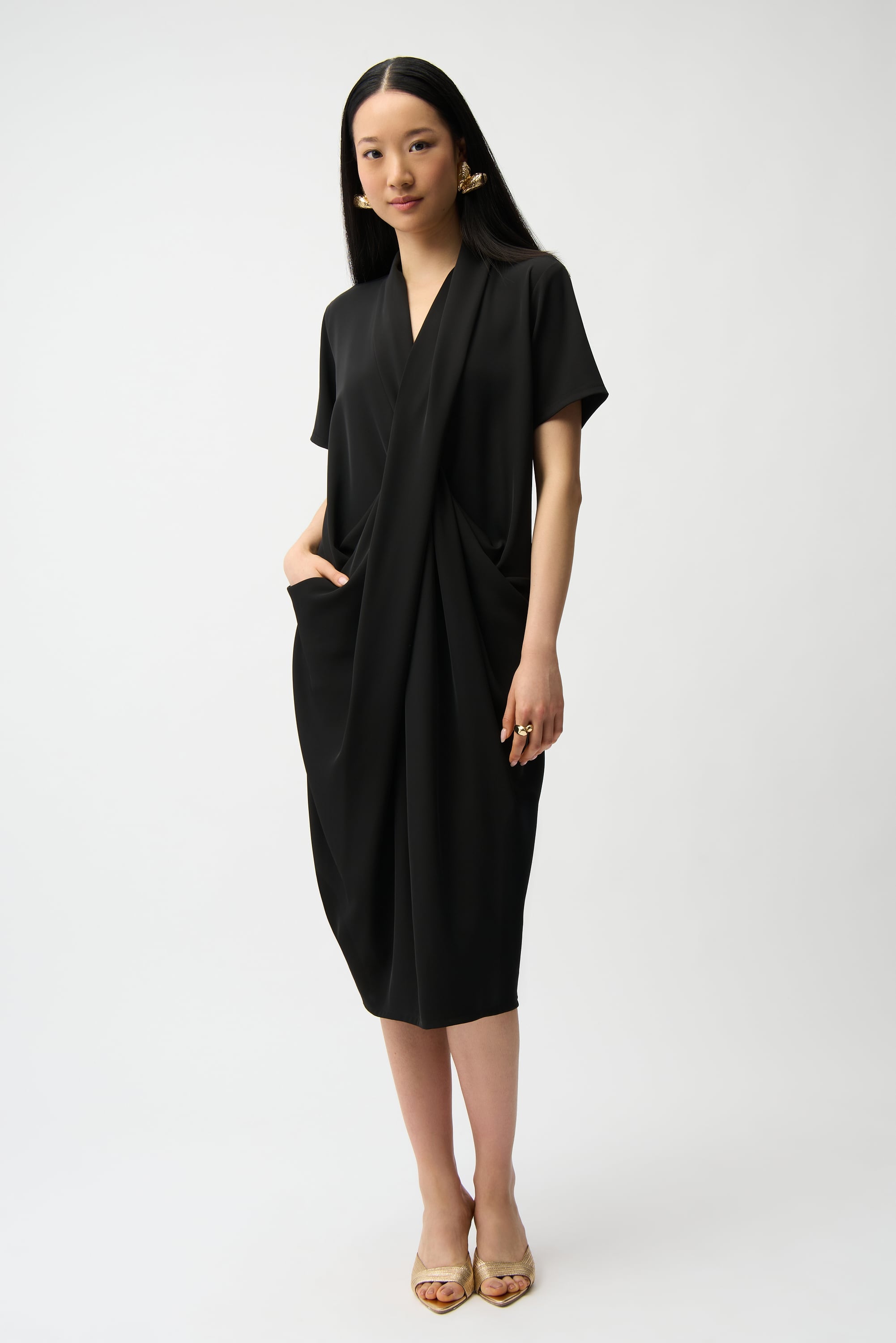 Woven Twill Cocoon Dress With Wrap Neckline