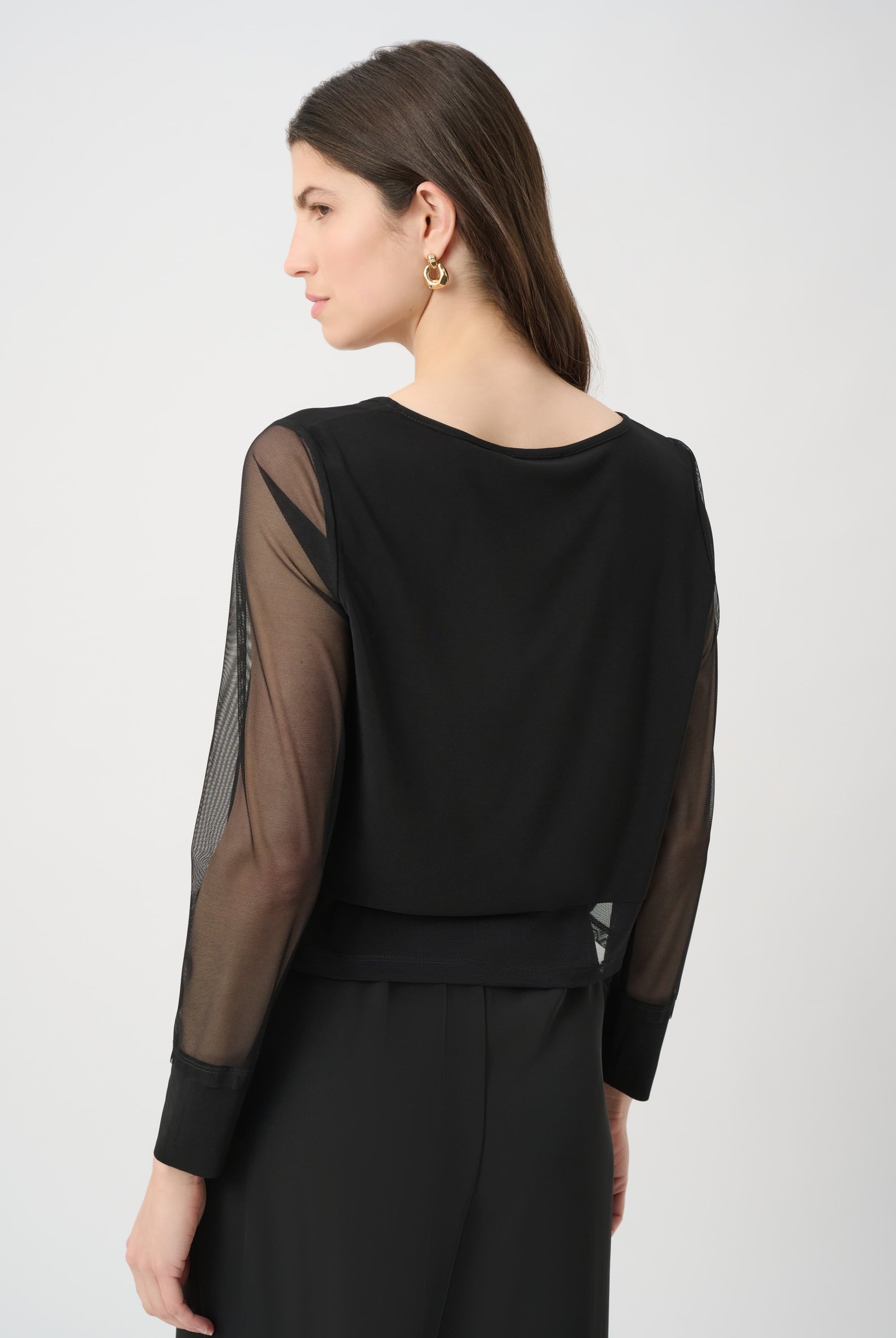 Silky Knit Crewneck Top With Mesh Sleeves and Layered Lining