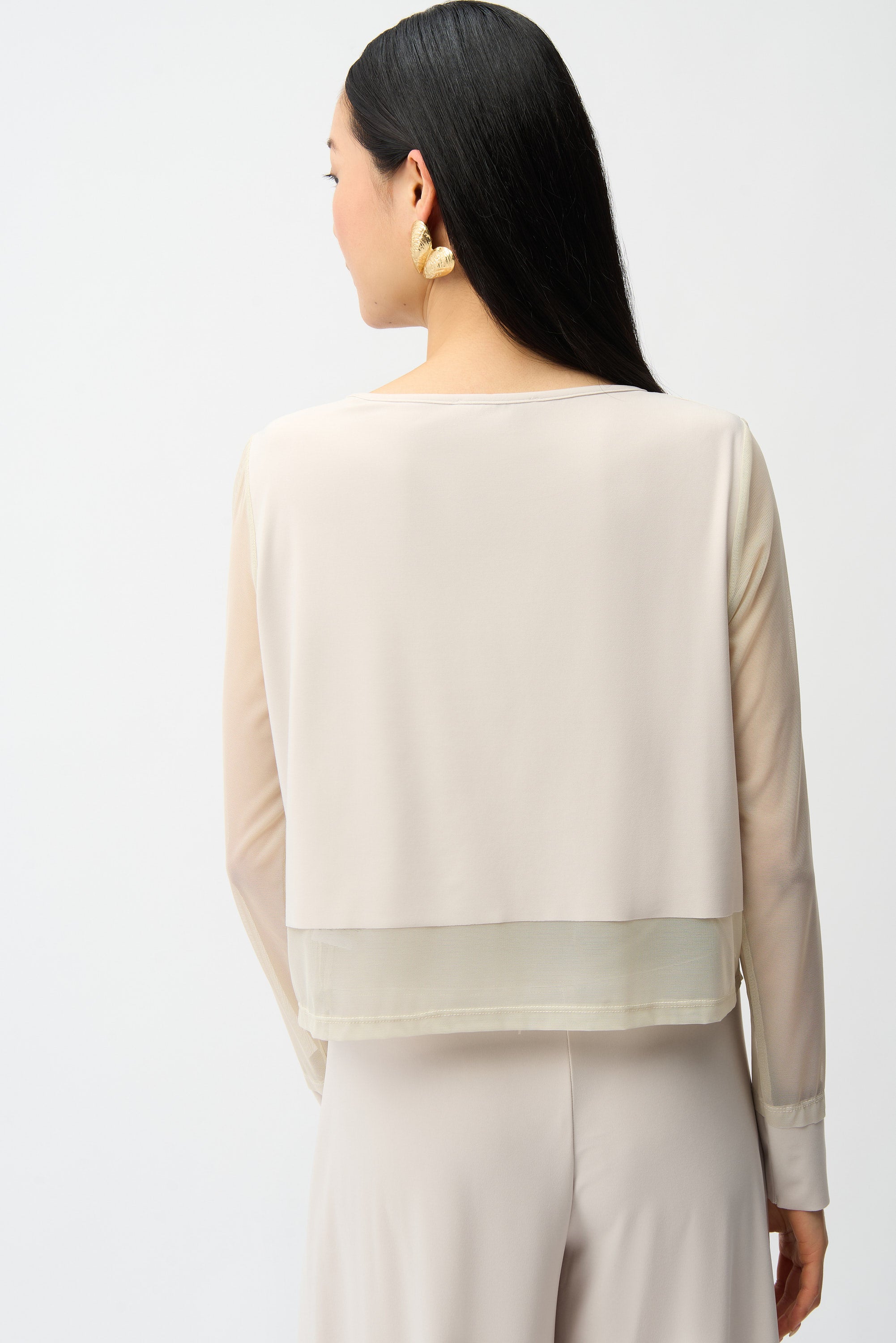 Silky Knit Crewneck Top With Mesh Sleeves and Layered Lining