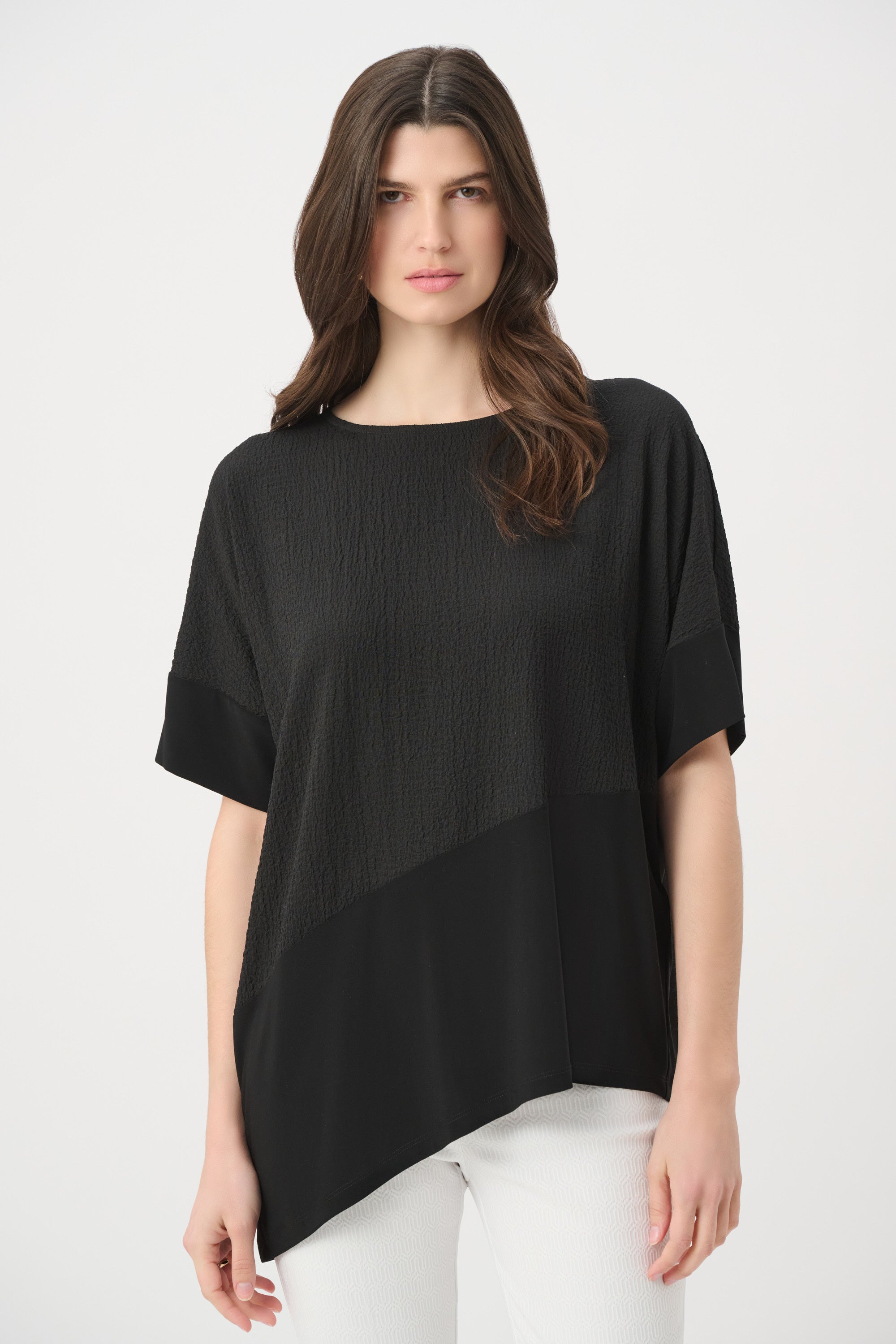 Seersucker And Silky Knit Asymmetrical Top