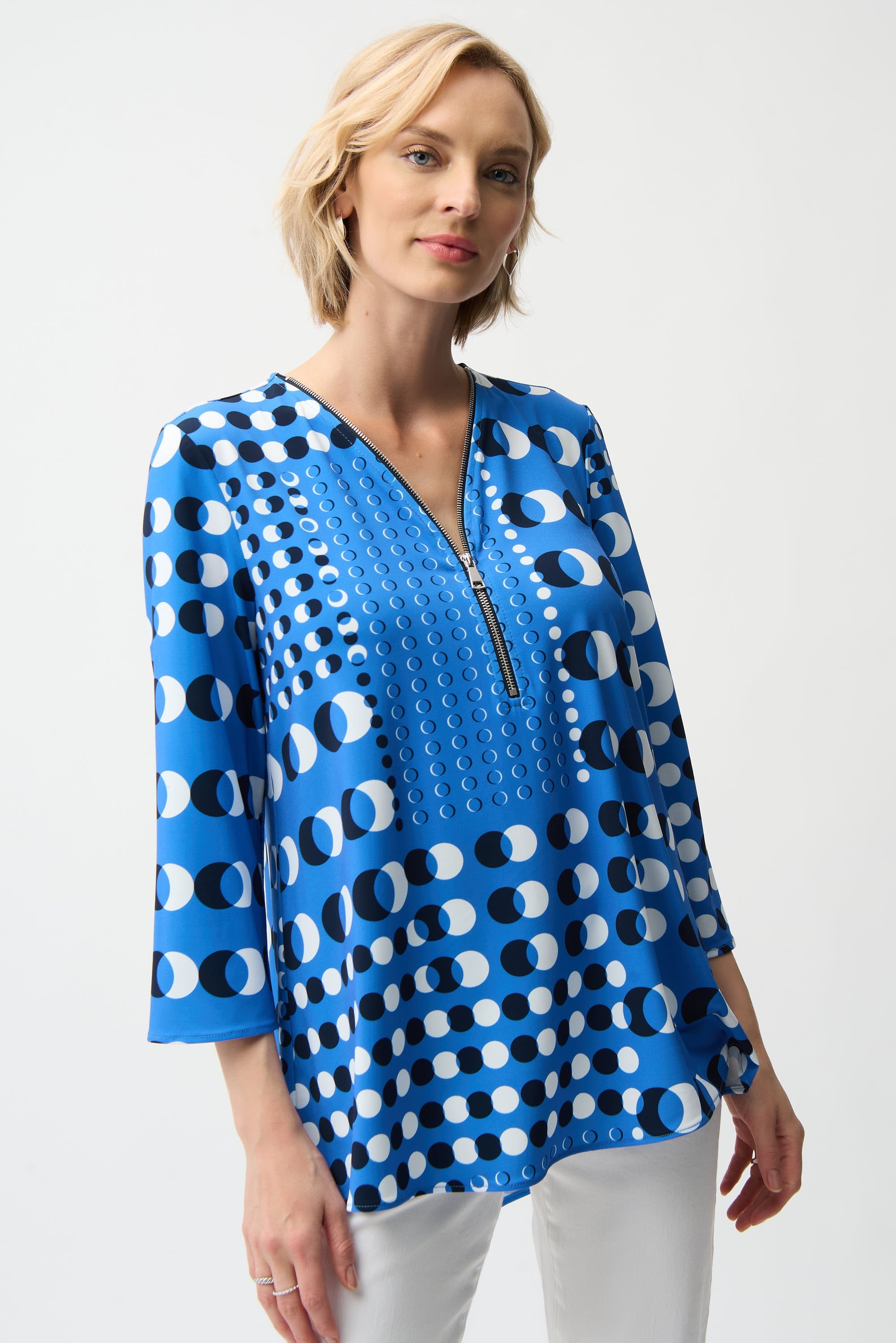 Silky Knit Dot Print Fit and Flare Tunic With Zipper Neckline