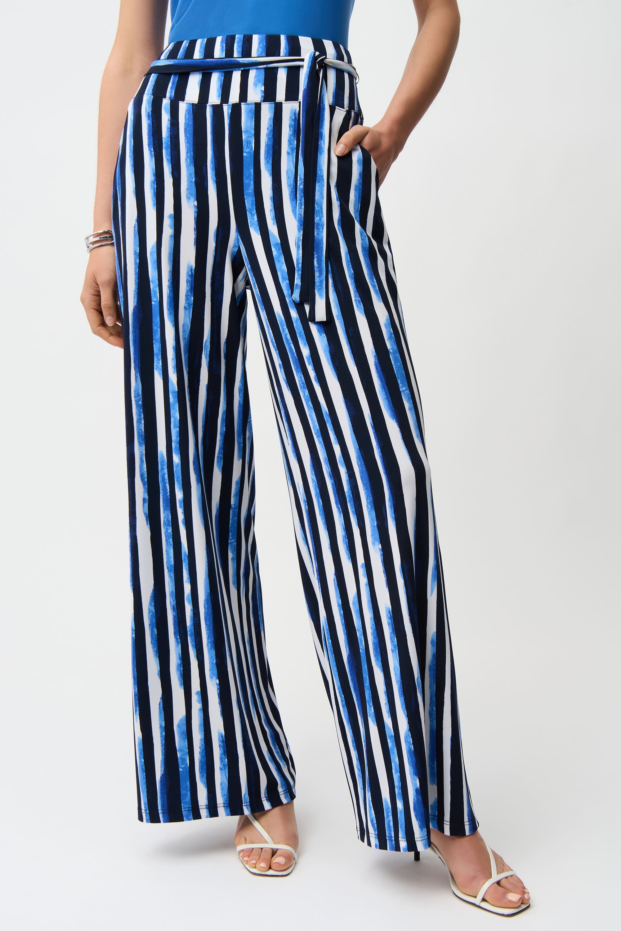 Silky Knit Stripe Print Wide Leg Pull-On Pants