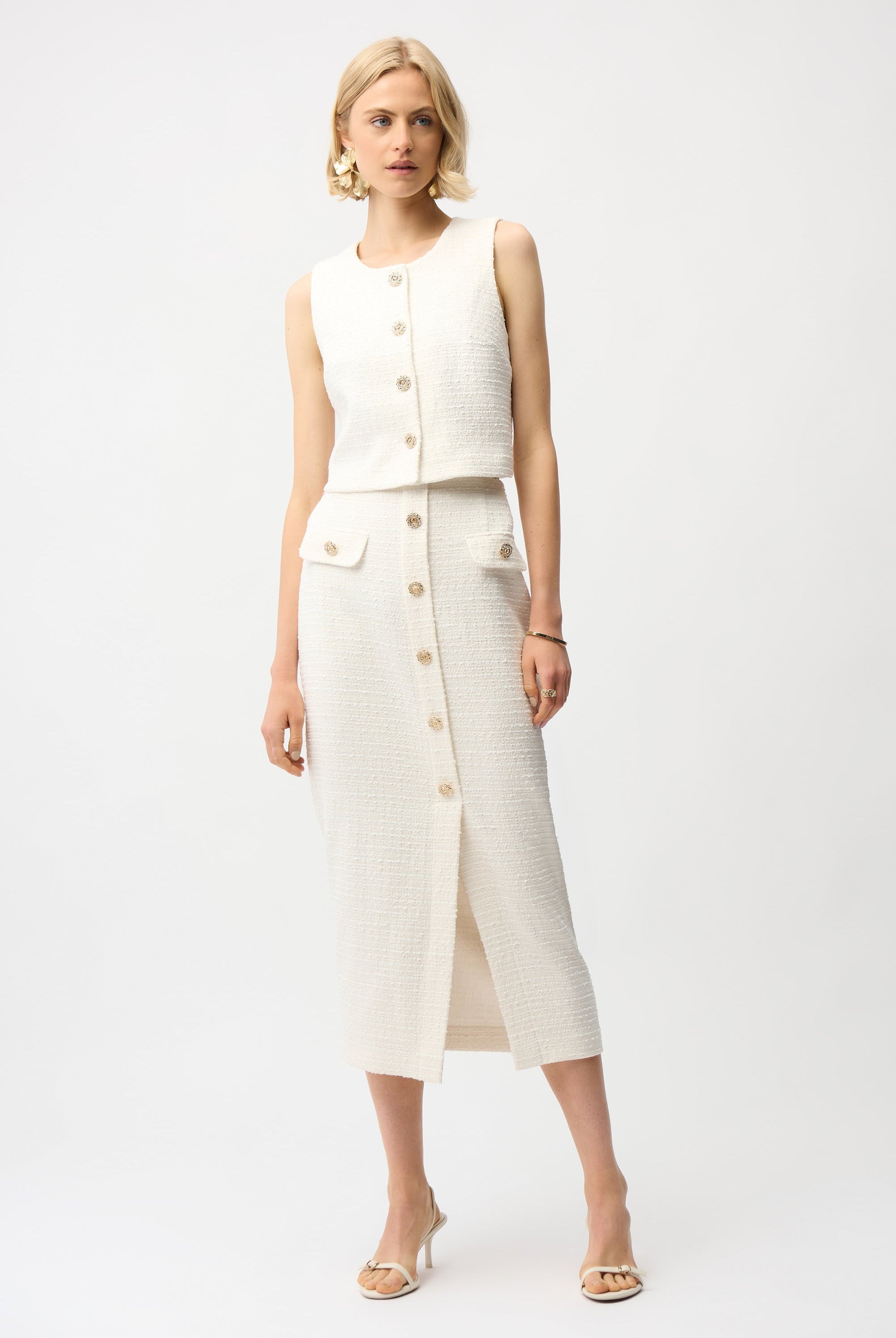 Bouclé Sleeveless Vest With Gold Buttons
