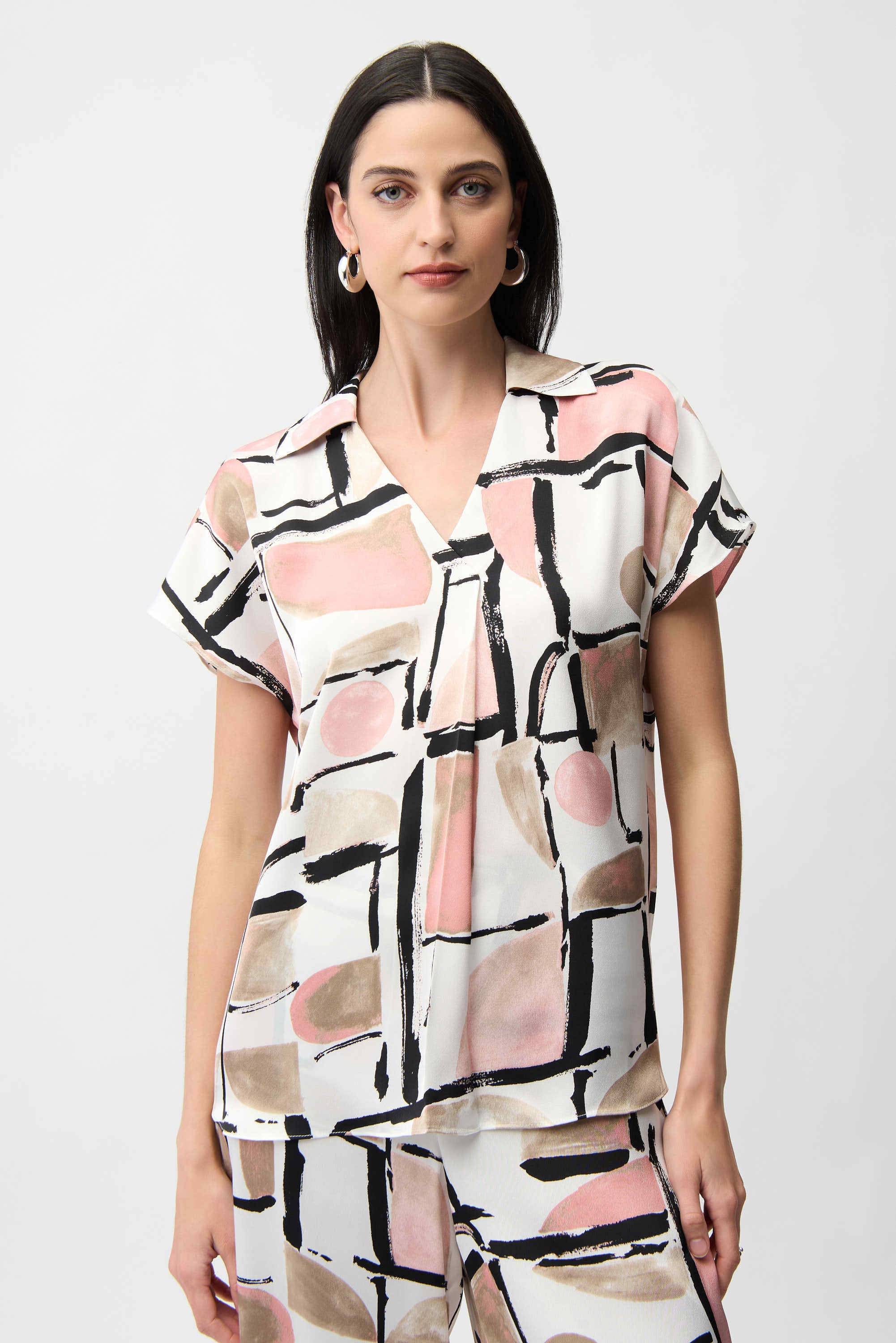 Joseph Ribkoff Recycled Satin Abstract Print Boxy Top With V-necklineline-261308
