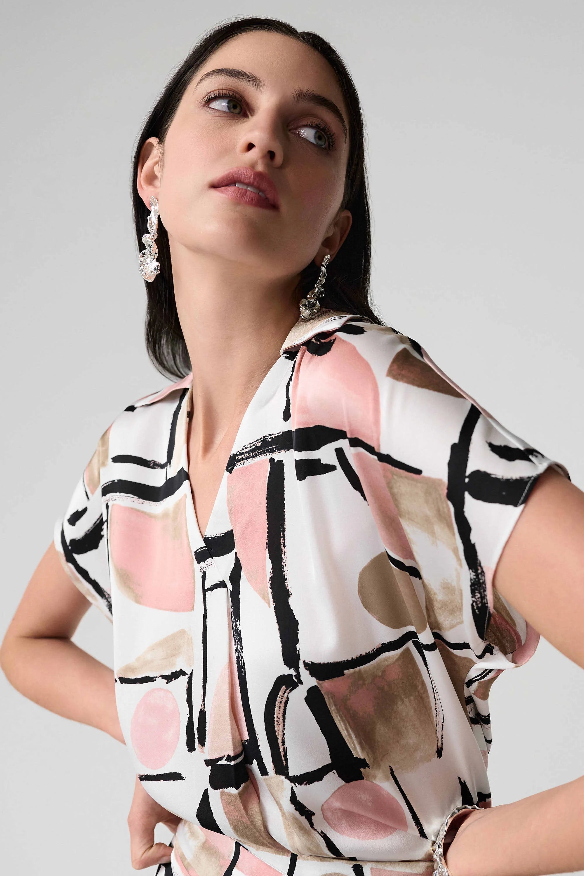Joseph Ribkoff Recycled Satin Abstract Print Boxy Top With V-necklineline-261308