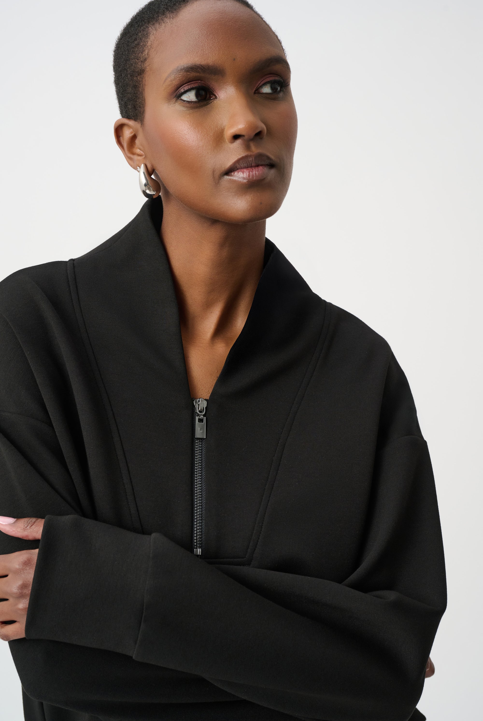 Scuba Jersey Boxy Sweatshirt With High Collar and Front Zipper