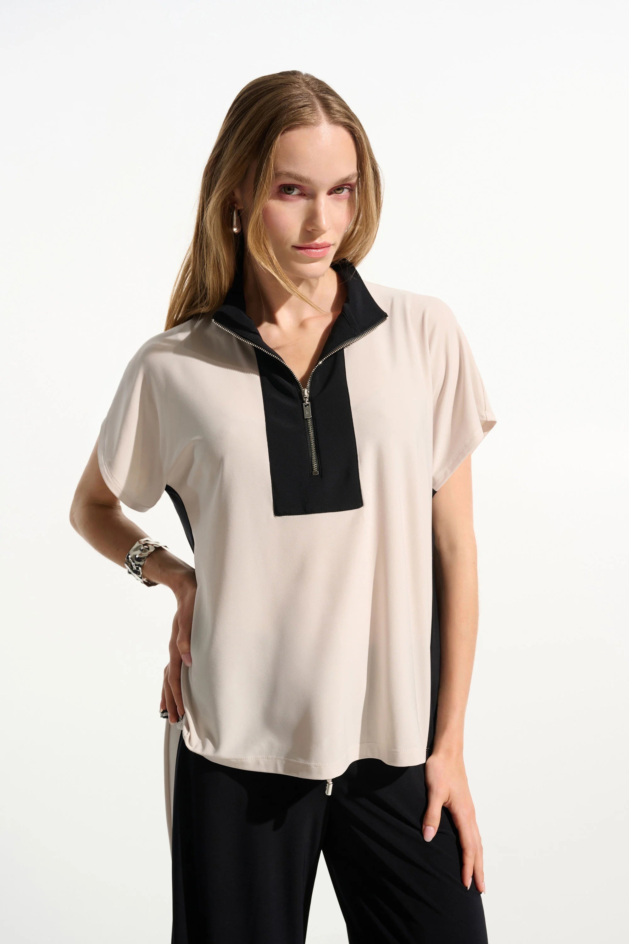 Joseph Ribkoff Color Block Straight Top With Zipped Collar-261611