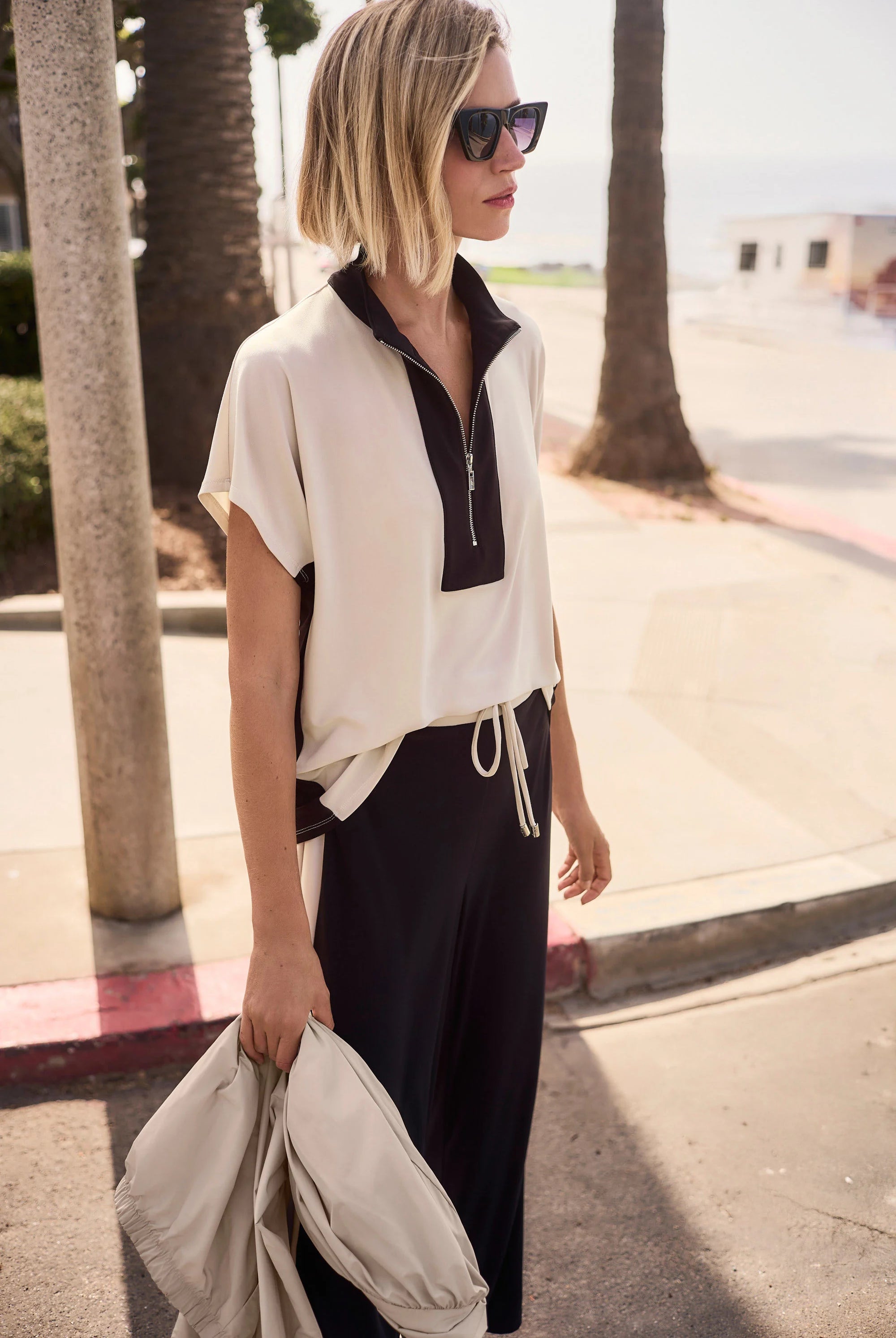 Joseph Ribkoff Color Block Straight Top With Zipped Collar | Unique Apparel USA