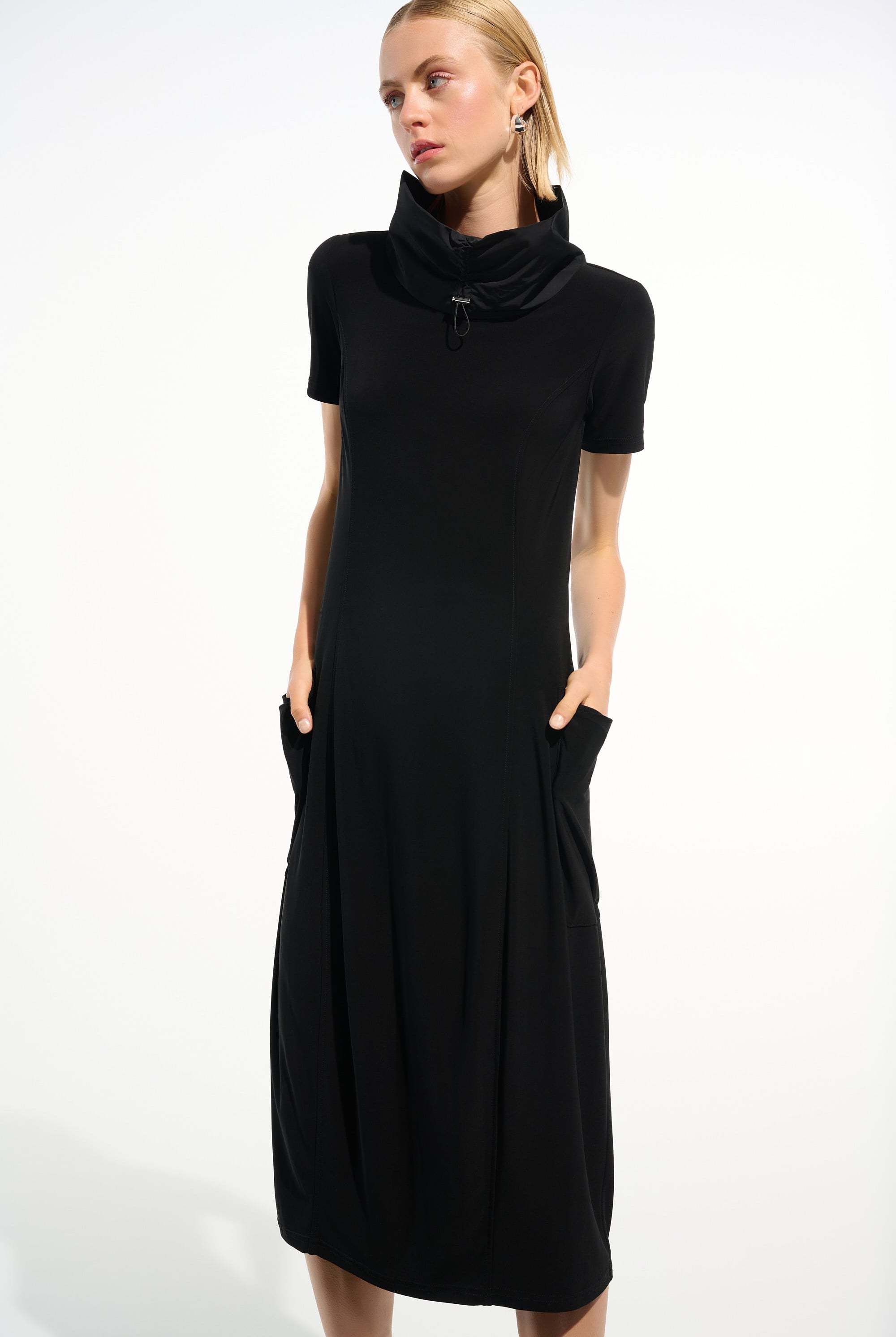 Silky Knit Cocoon Dress With Memory Funnel Collar
