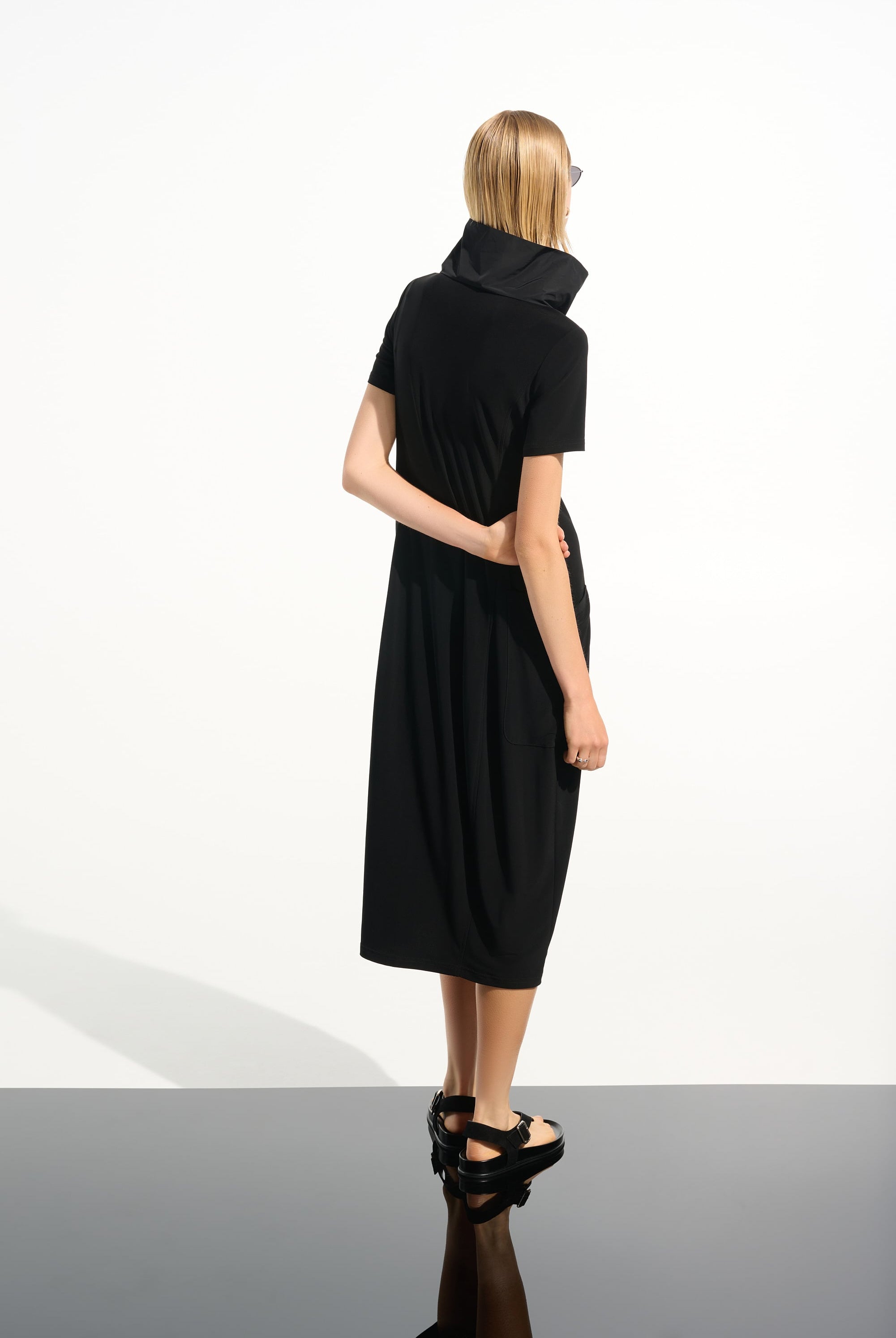 Silky Knit Cocoon Dress With Memory Funnel Collar