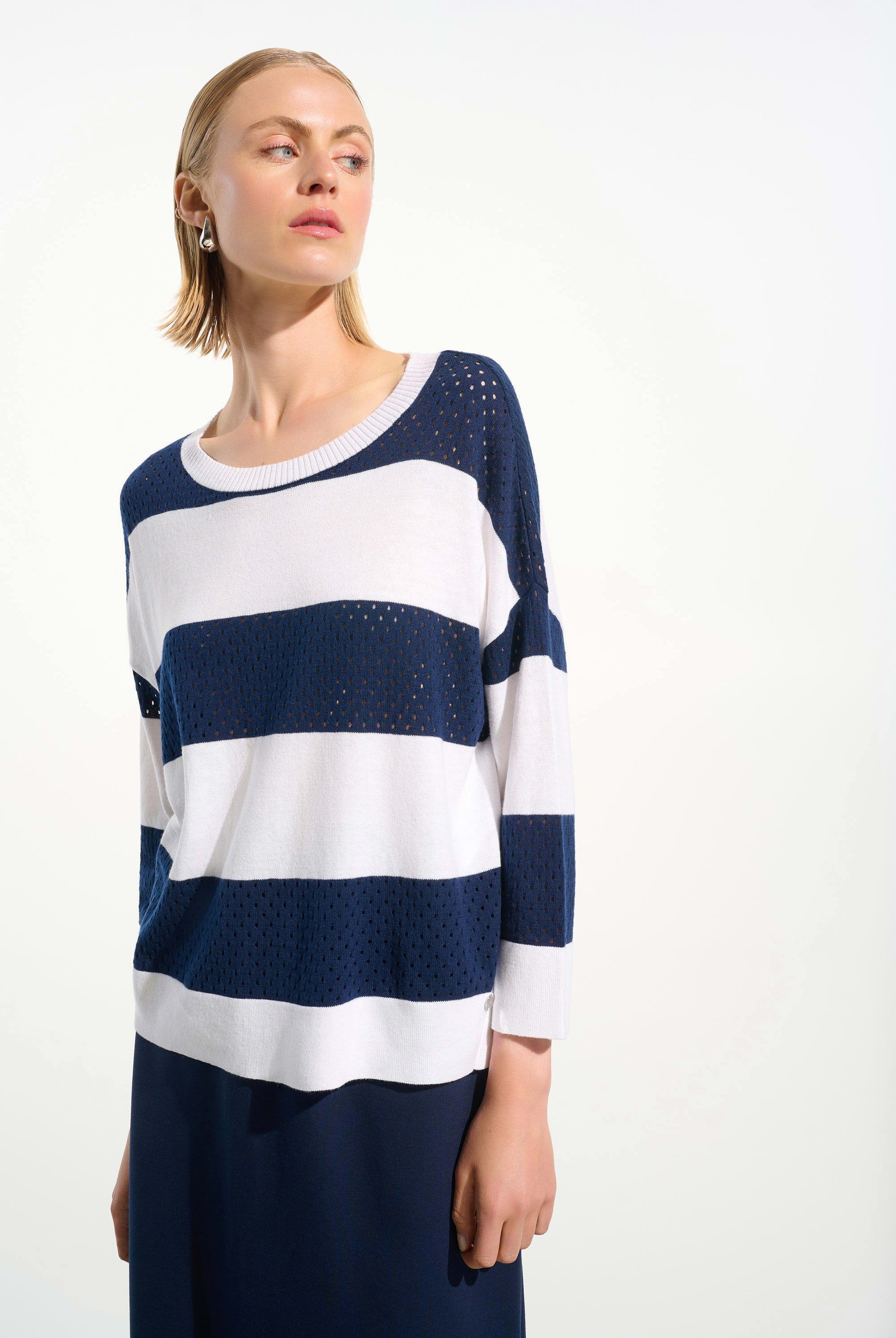 Joseph Ribkoff Cotton Blend Stripe Print Crewneck Sweater | Unique Apparel USA