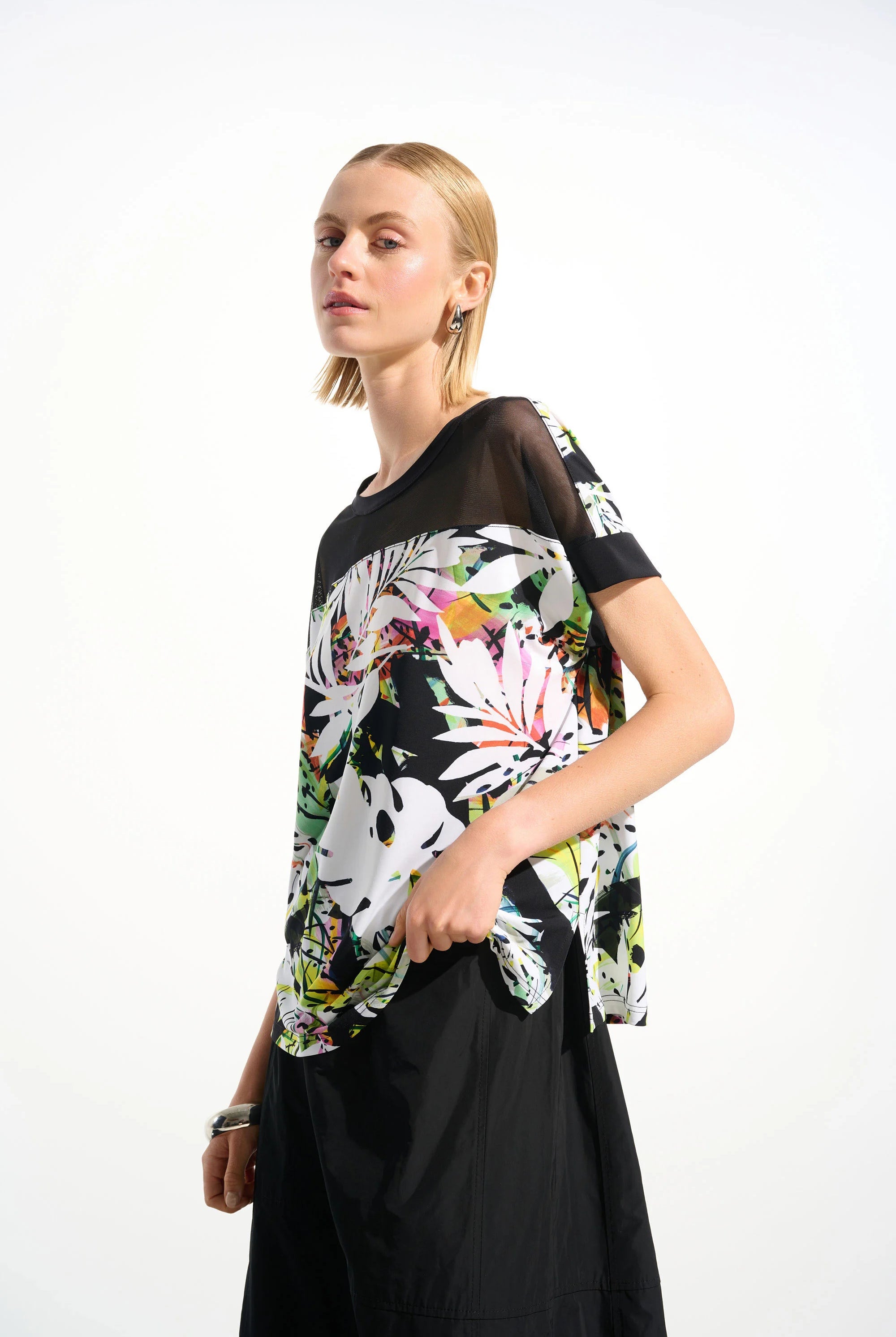 Joseph Ribkoff Silky Knit Tropical Print Straight Tunic With Mesh Insert | Unique Apparel USA