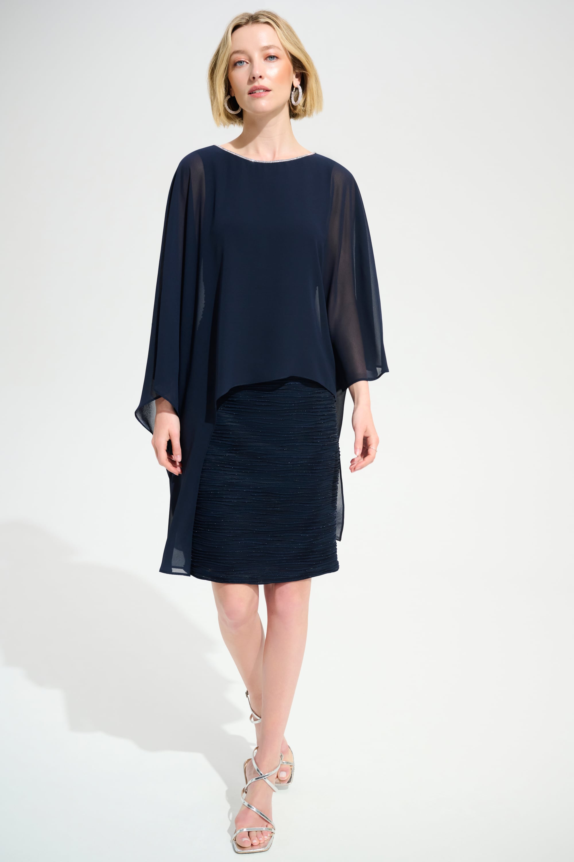 Signature | Cascade Knit Sheath Dress With Chiffon Poncho Overlay