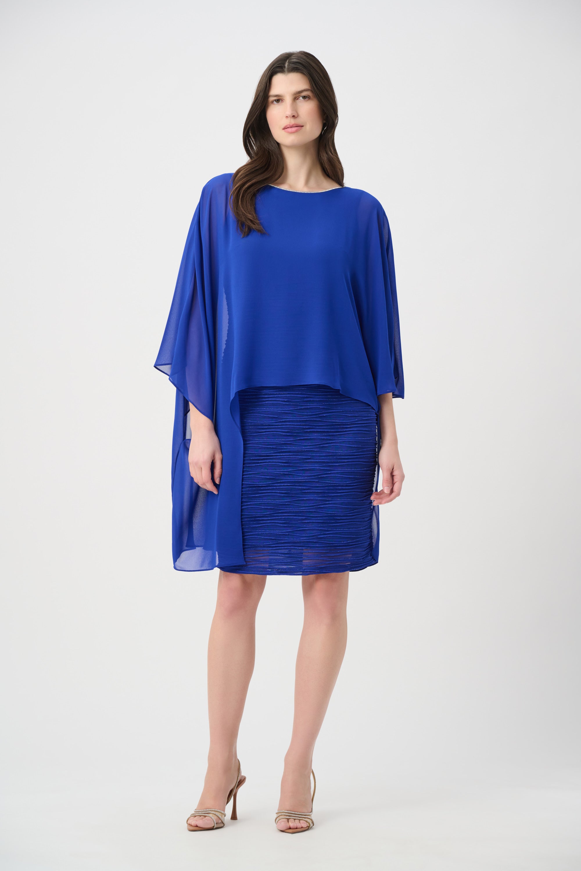 Signature | Cascade Knit Sheath Dress With Chiffon Poncho Overlay