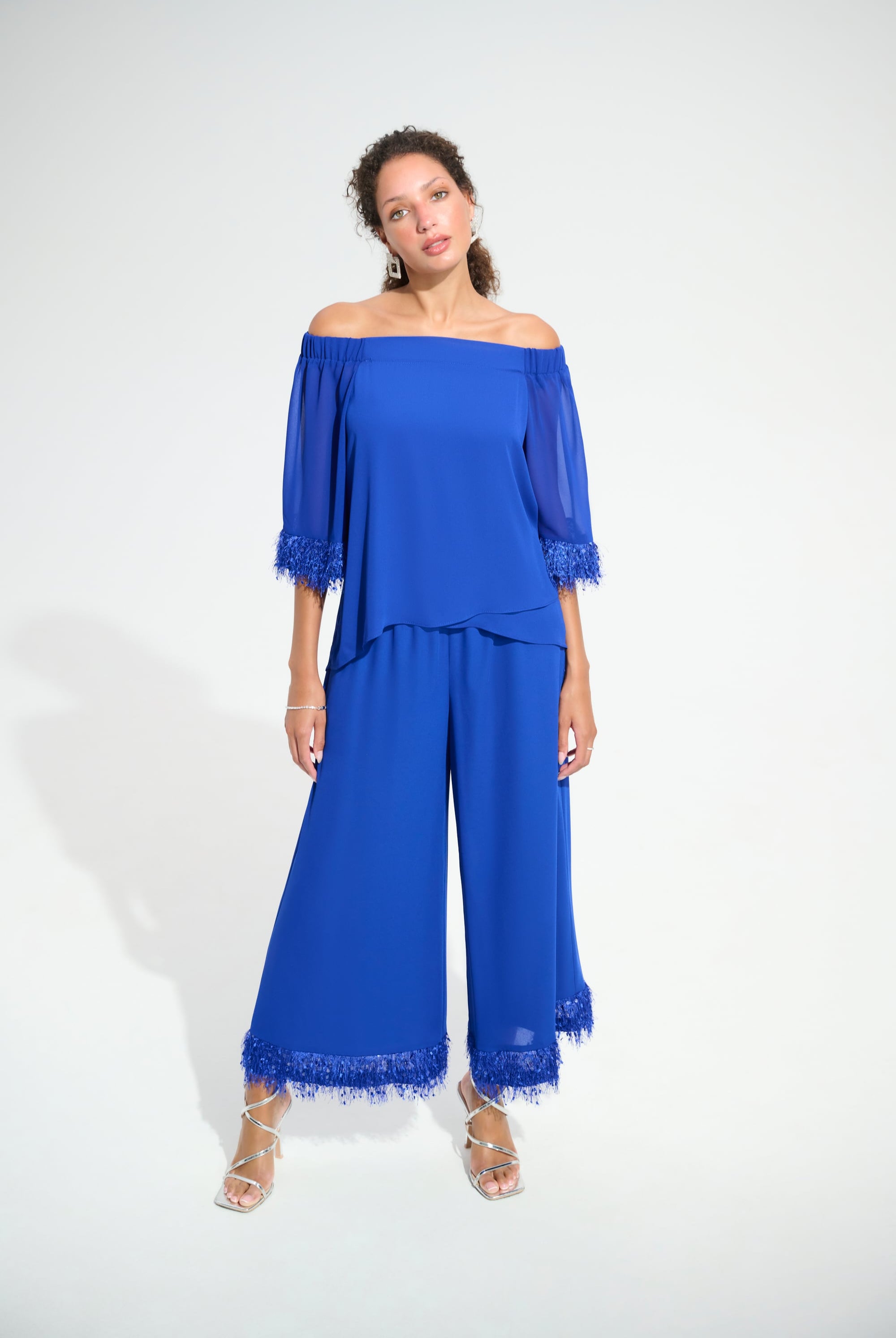 Signature | Georgette And Chiffon Off Shoulder Trapeze Top With Novelty Trim