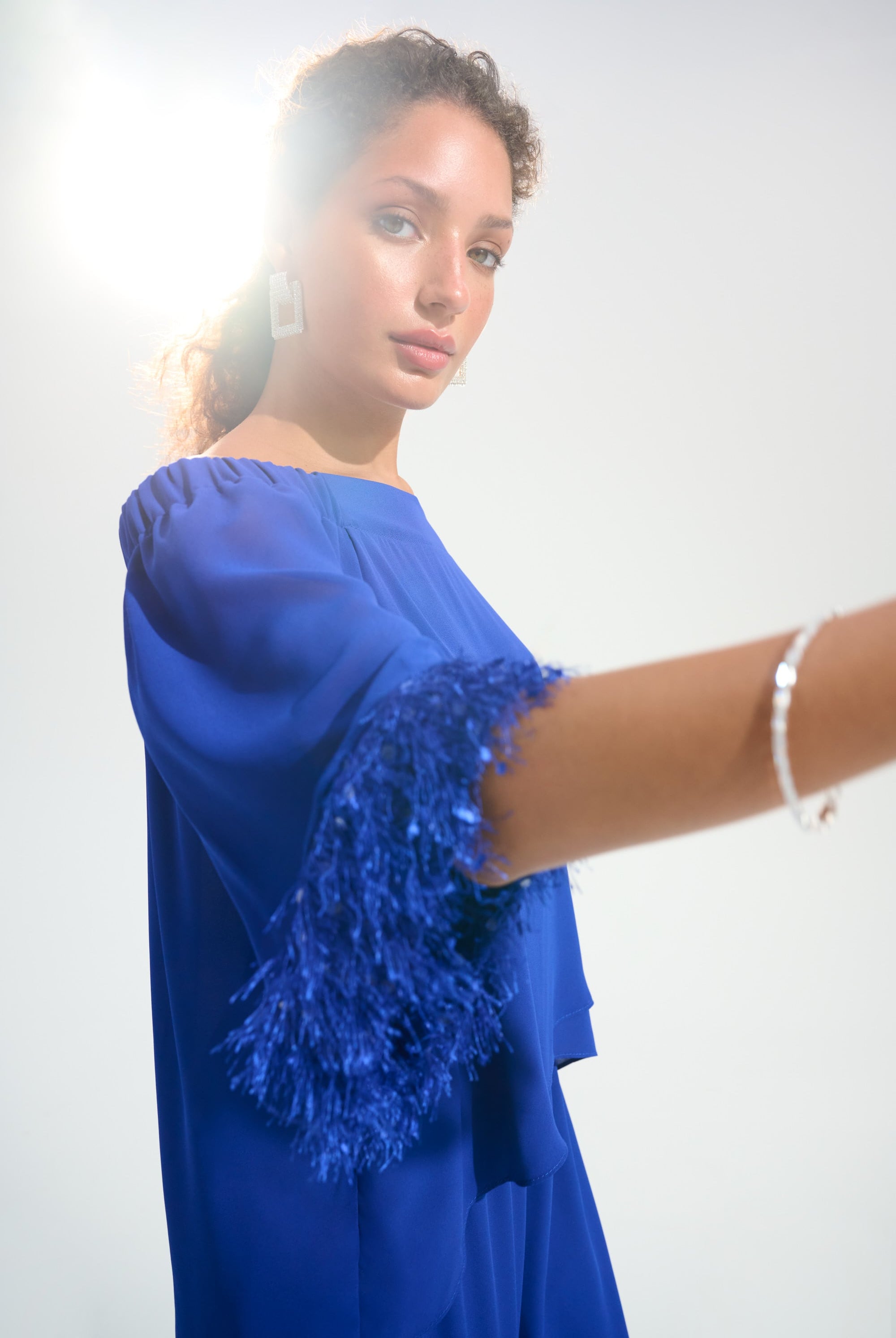 Signature | Georgette And Chiffon Off Shoulder Trapeze Top With Novelty Trim