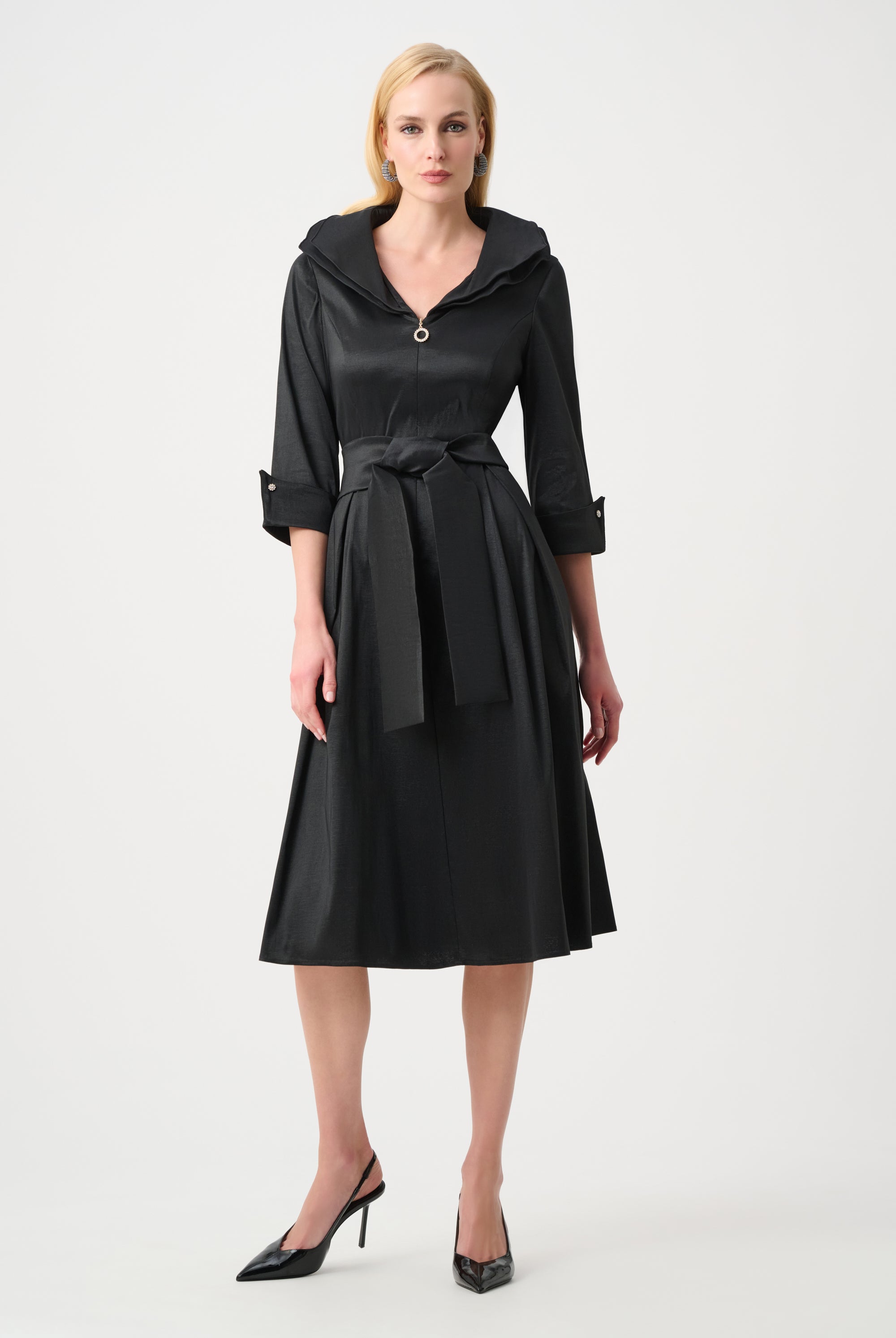 Signature | Stretch Taffeta Fit And Flare Dress With Lapel Collar
