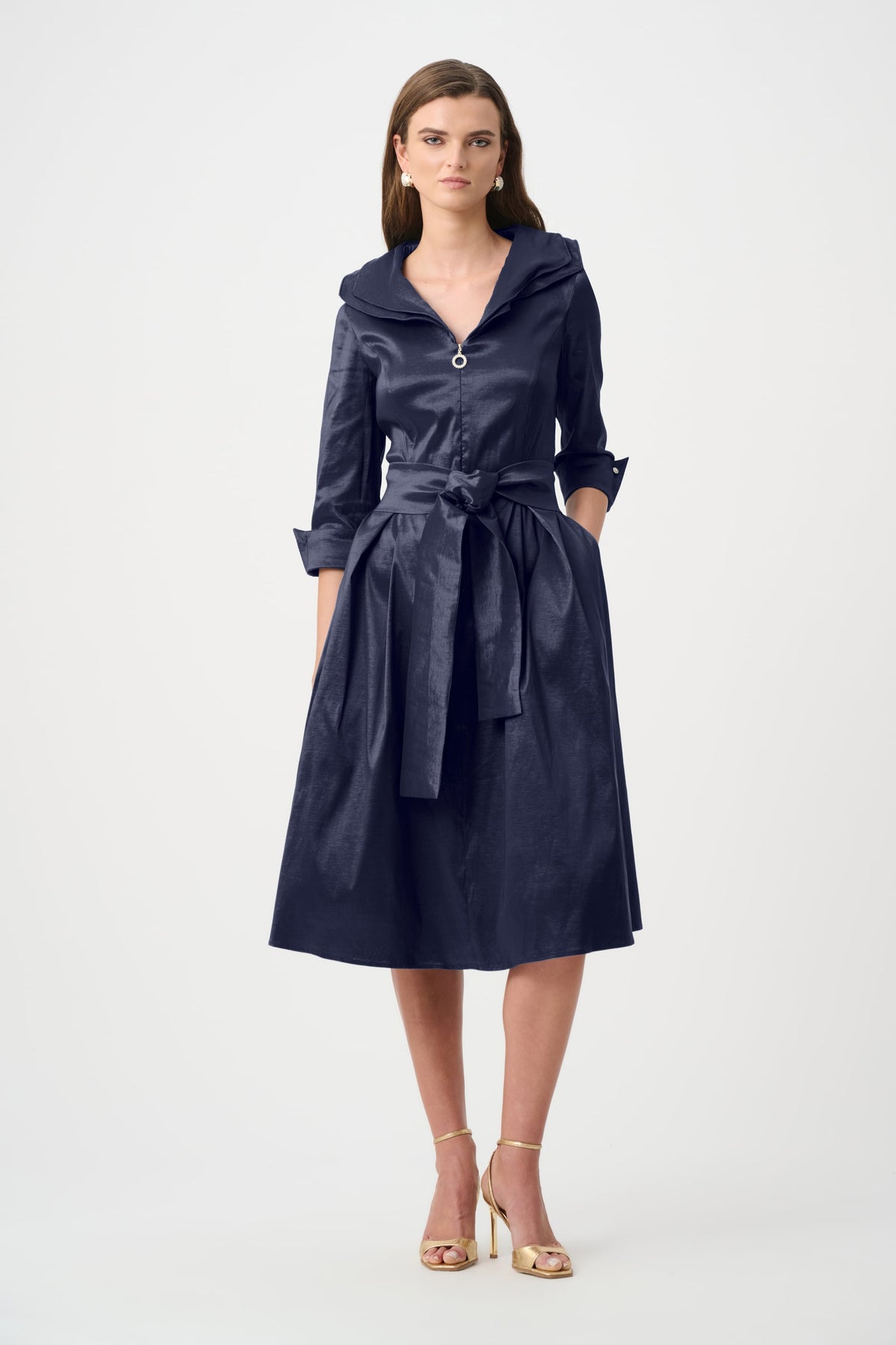 Joseph Ribkoff Signature | Stretch Taffeta Fit And Flare Dress With Lapel Collar-261719F26, Midnight Blue