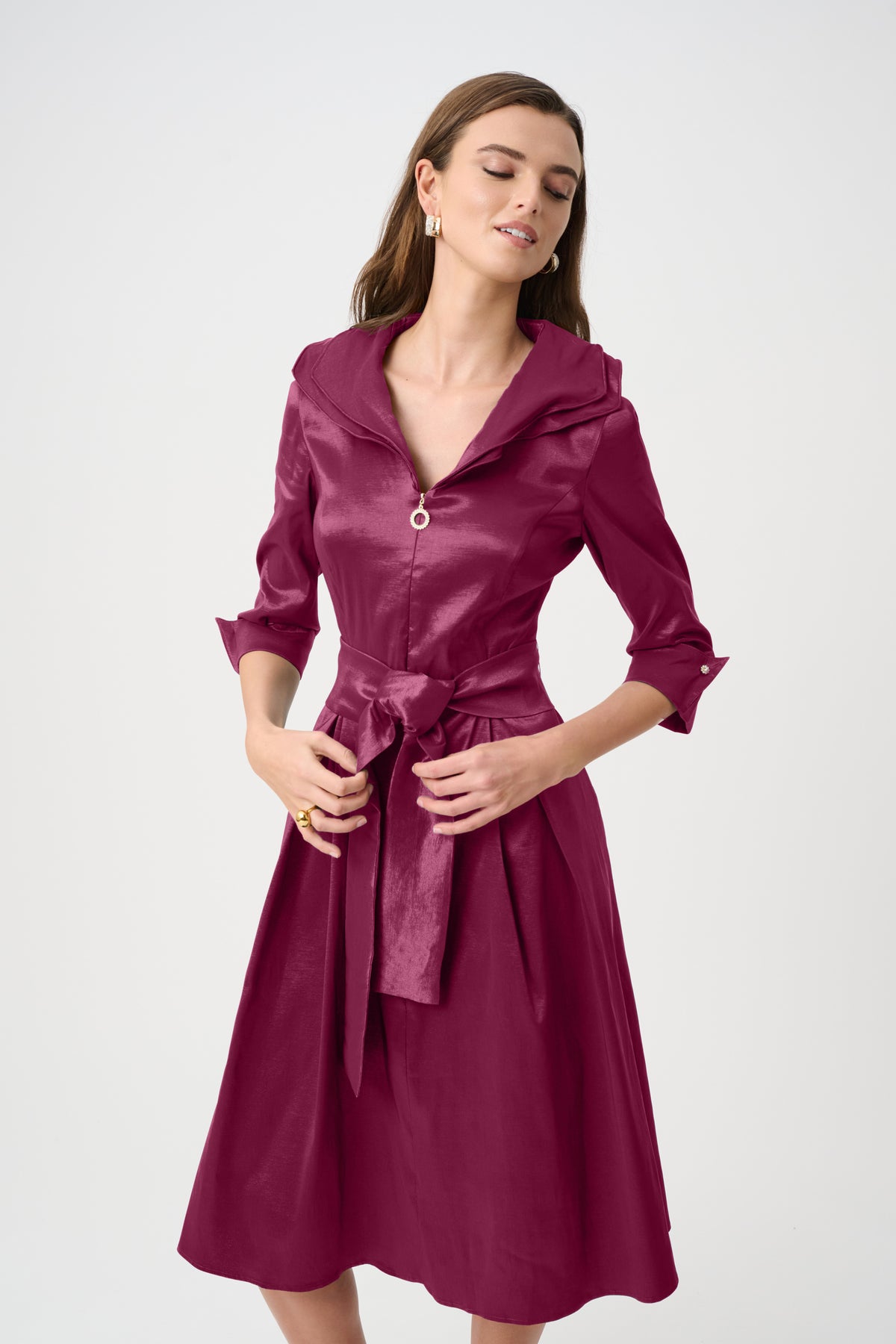 Joseph Ribkoff Signature | Stretch Taffeta Fit And Flare Dress With Lapel Collar-261719F26, Berry Burst