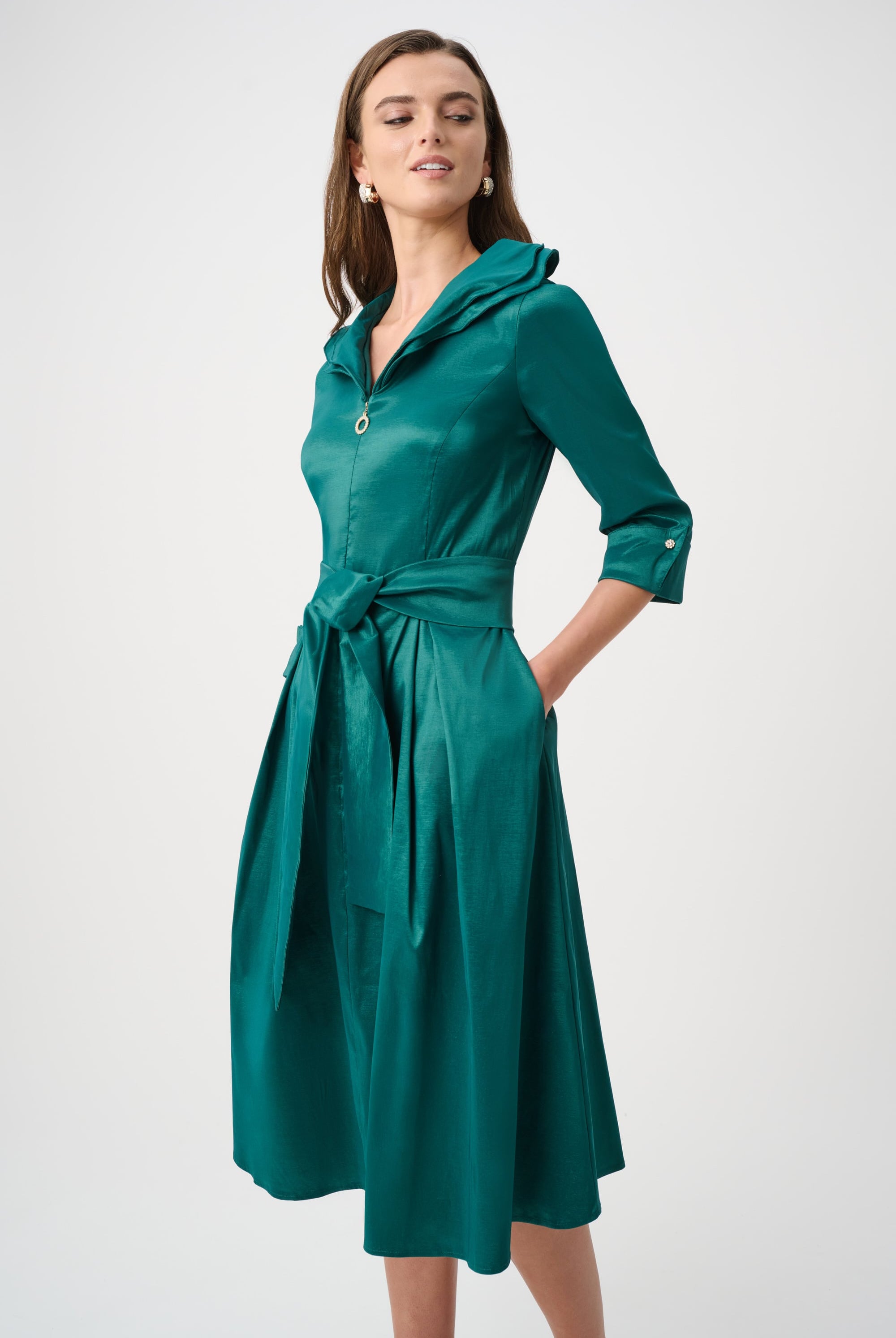 Signature | Stretch Taffeta Fit And Flare Dress With Lapel Collar