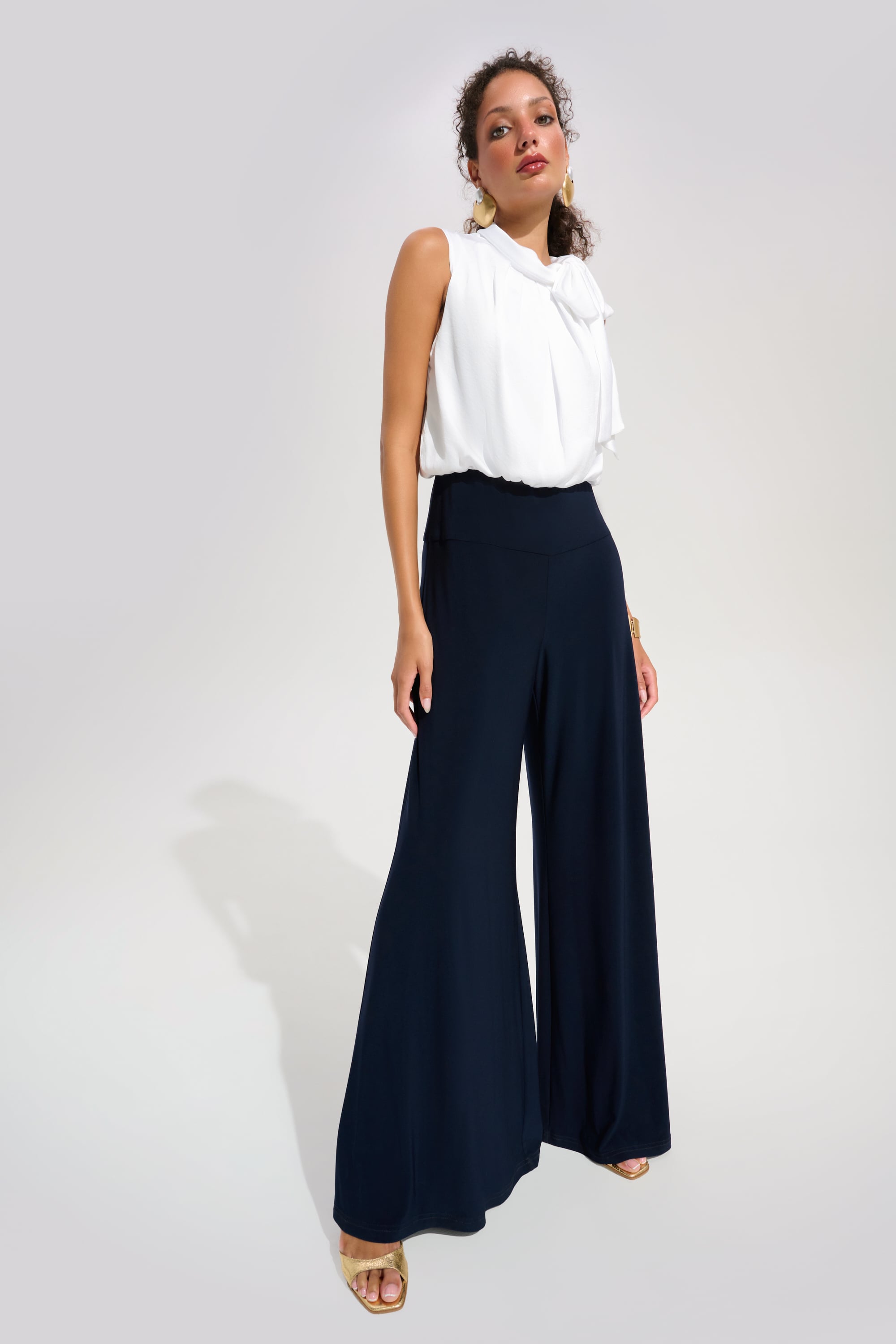Signature | Silky Knit And Satin Wide Leg Jumpsuit With Contrast Bodice And Neck Bow Tie