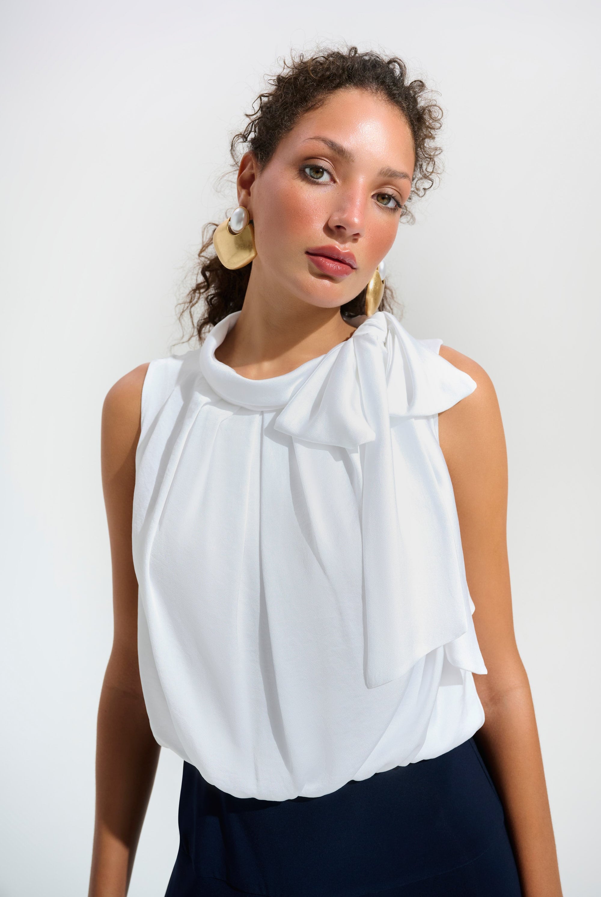 Signature | Silky Knit And Satin Wide Leg Jumpsuit With Contrast Bodice And Neck Bow Tie