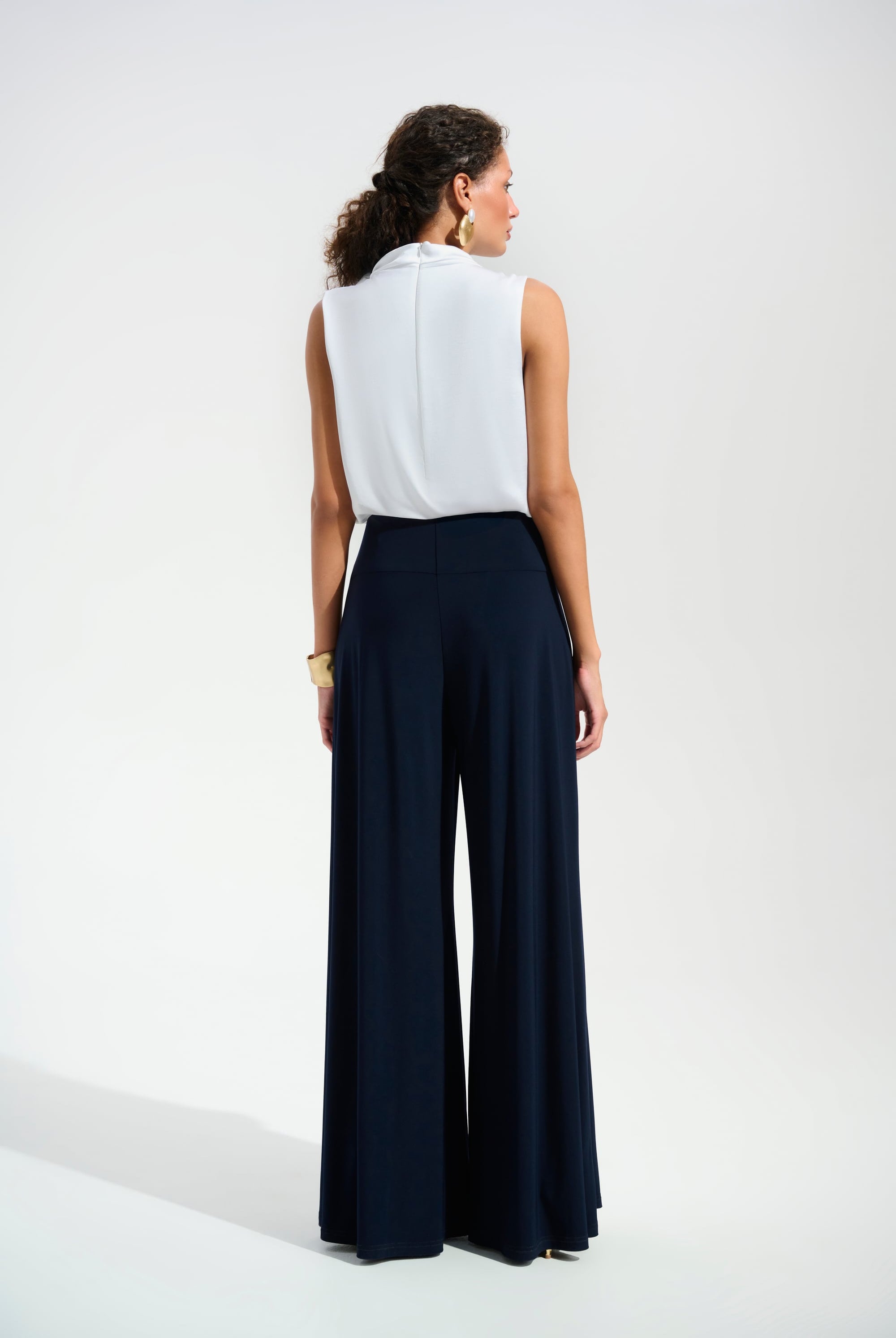 Signature | Silky Knit And Satin Wide Leg Jumpsuit With Contrast Bodice And Neck Bow Tie