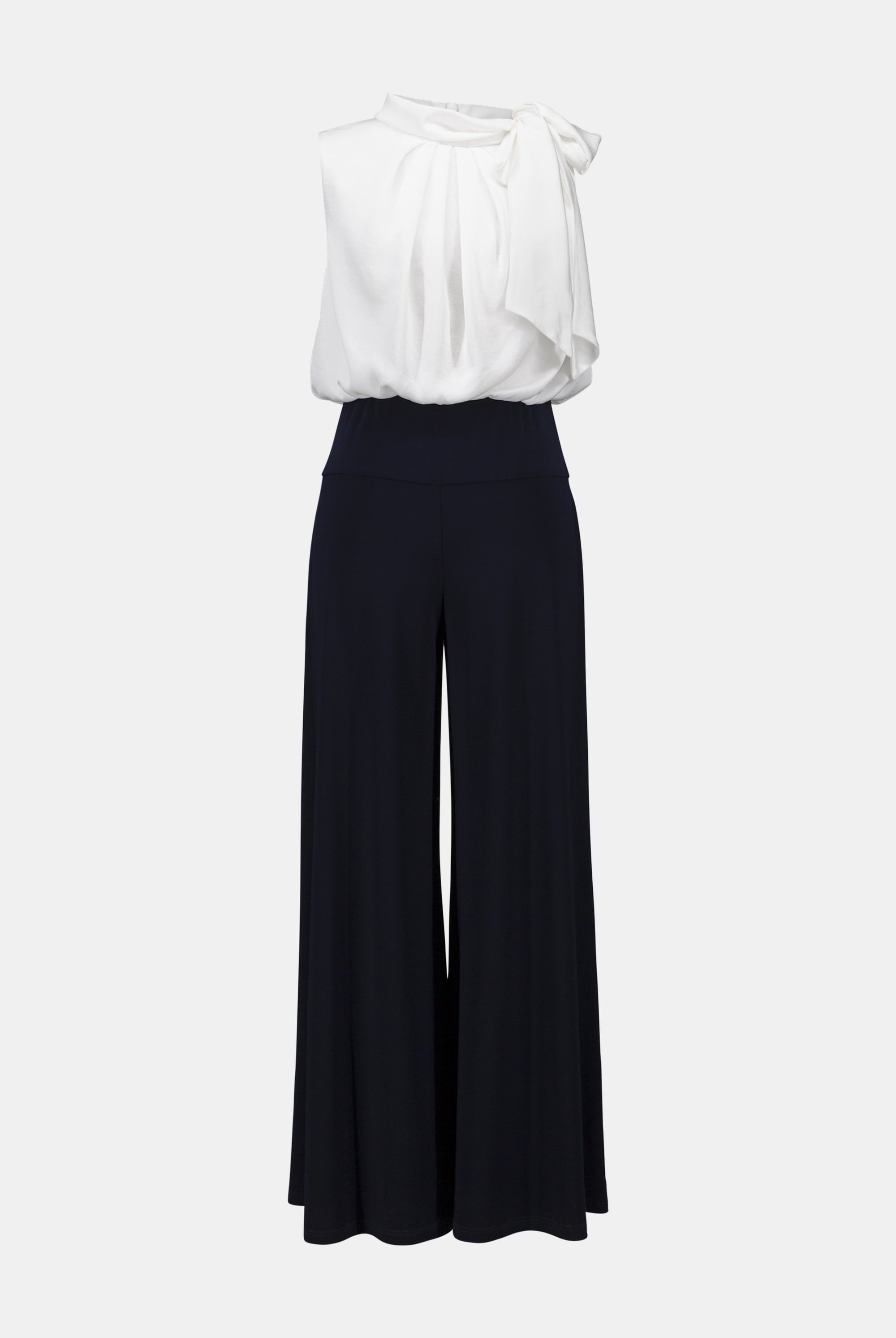 Signature | Silky Knit And Satin Wide Leg Jumpsuit With Contrast Bodice And Neck Bow Tie