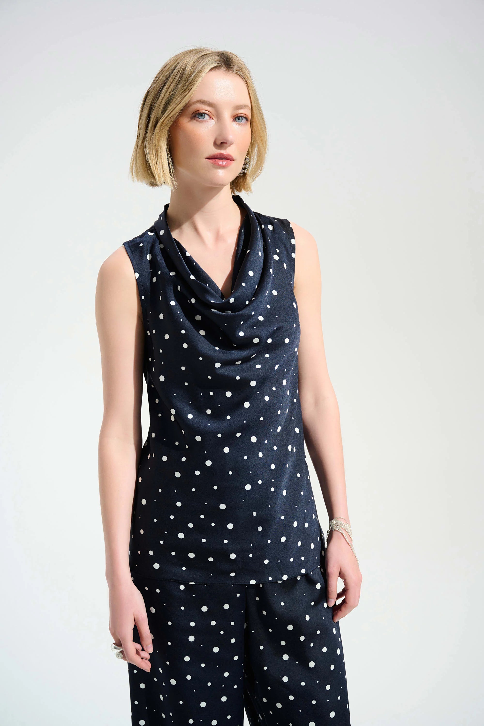 Joseph Ribkoff Signature | Recycled Satin Dot Print Sleeveless Cowl Neck Top-261746
