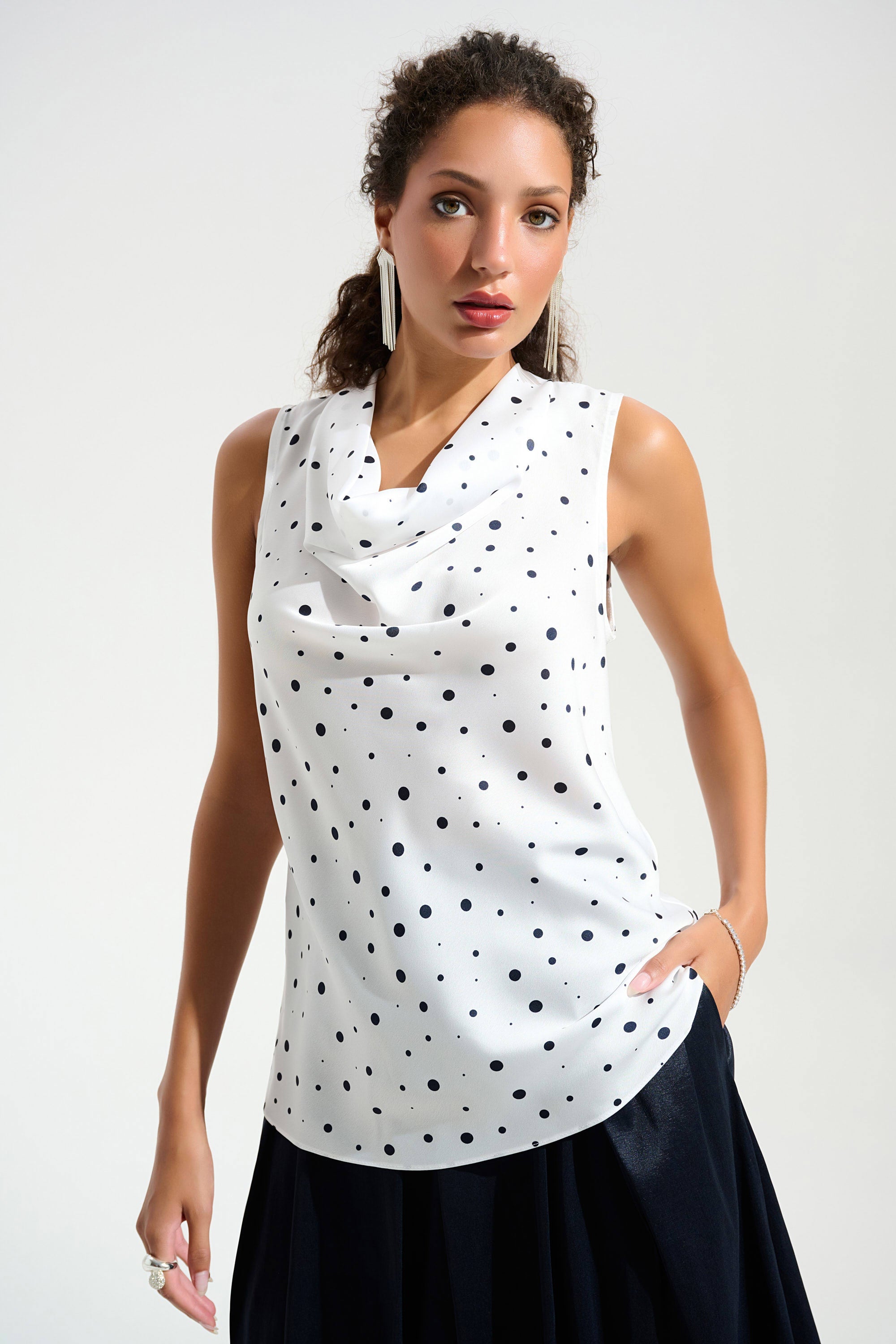 Joseph Ribkoff Signature | Recycled Satin Dot Print Sleeveless Cowl Neck Top-261746