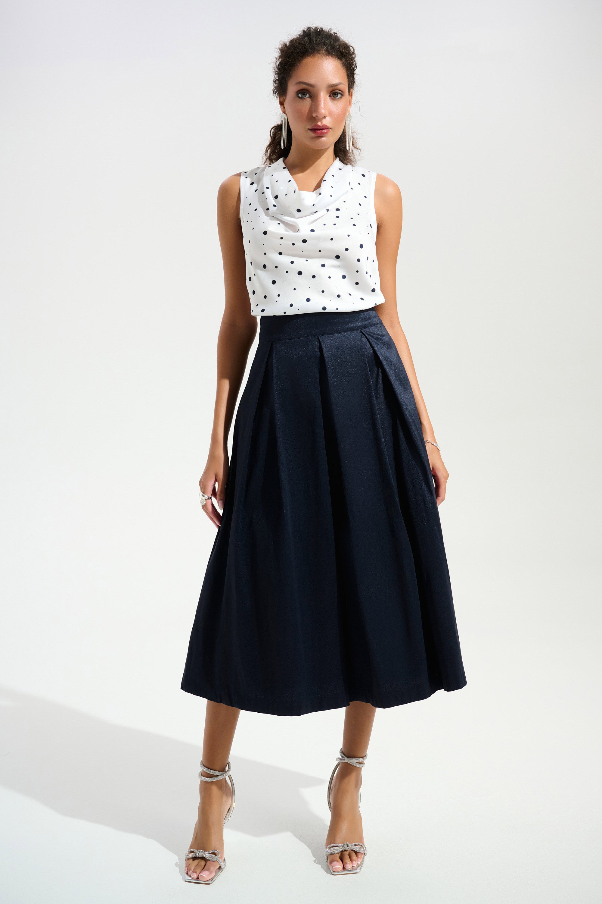 Joseph Ribkoff Signature | Recycled Satin Dot Print Sleeveless Cowl Neck Top-261746