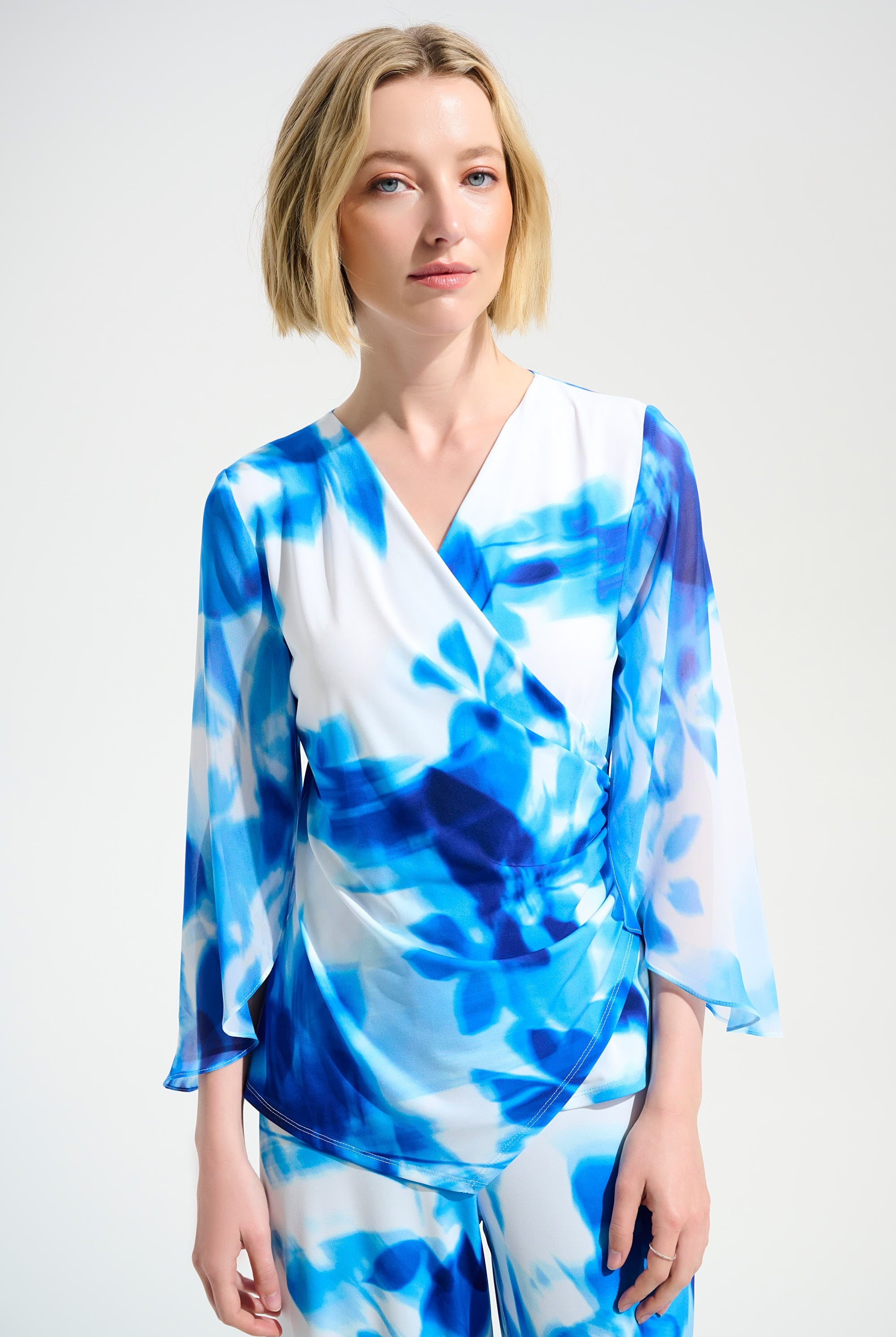 Signature | Silky Knit Floral Print Wrap Top With Chiffon Sleeves