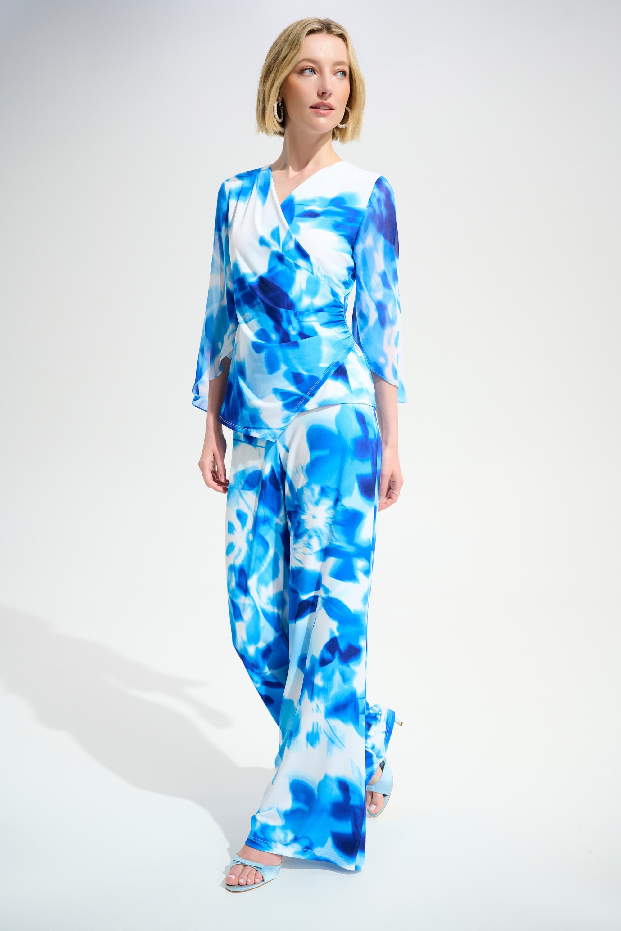 Signature | Silky Knit Floral Print Wrap Top With Chiffon Sleeves