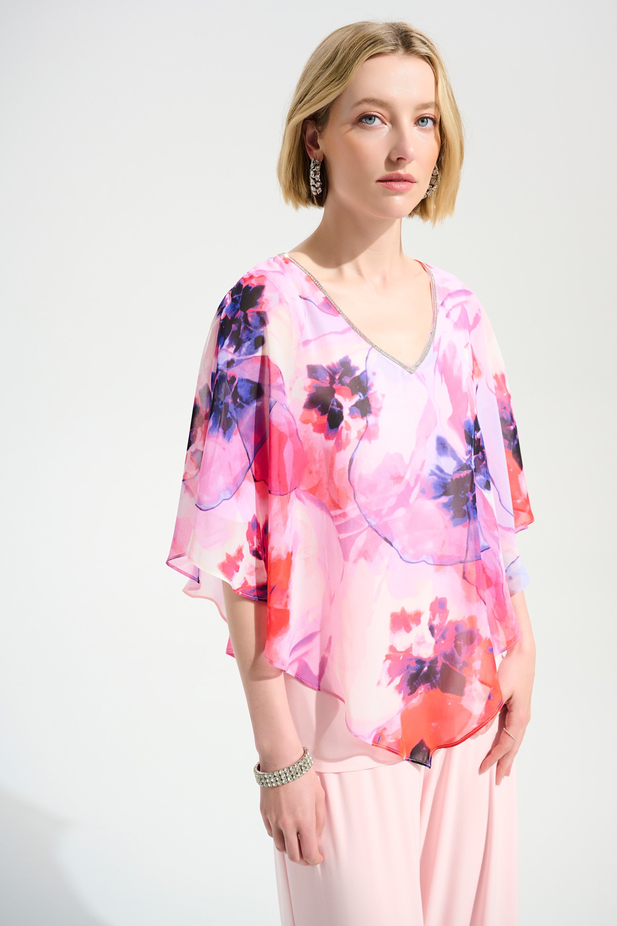 Signature | Silky Knit Floral Print Poncho With Chiffon Layer