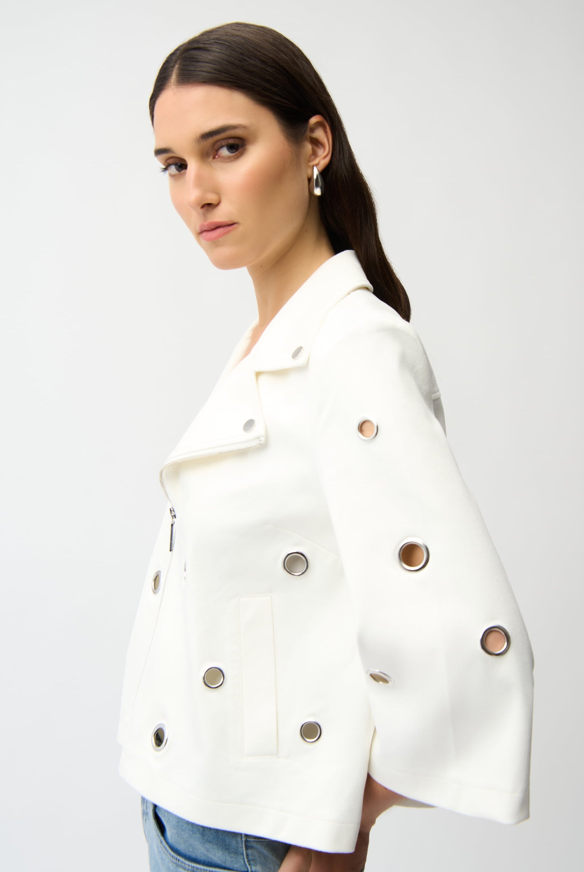 Foiled Faux Suede Swing Jacket With Grommets