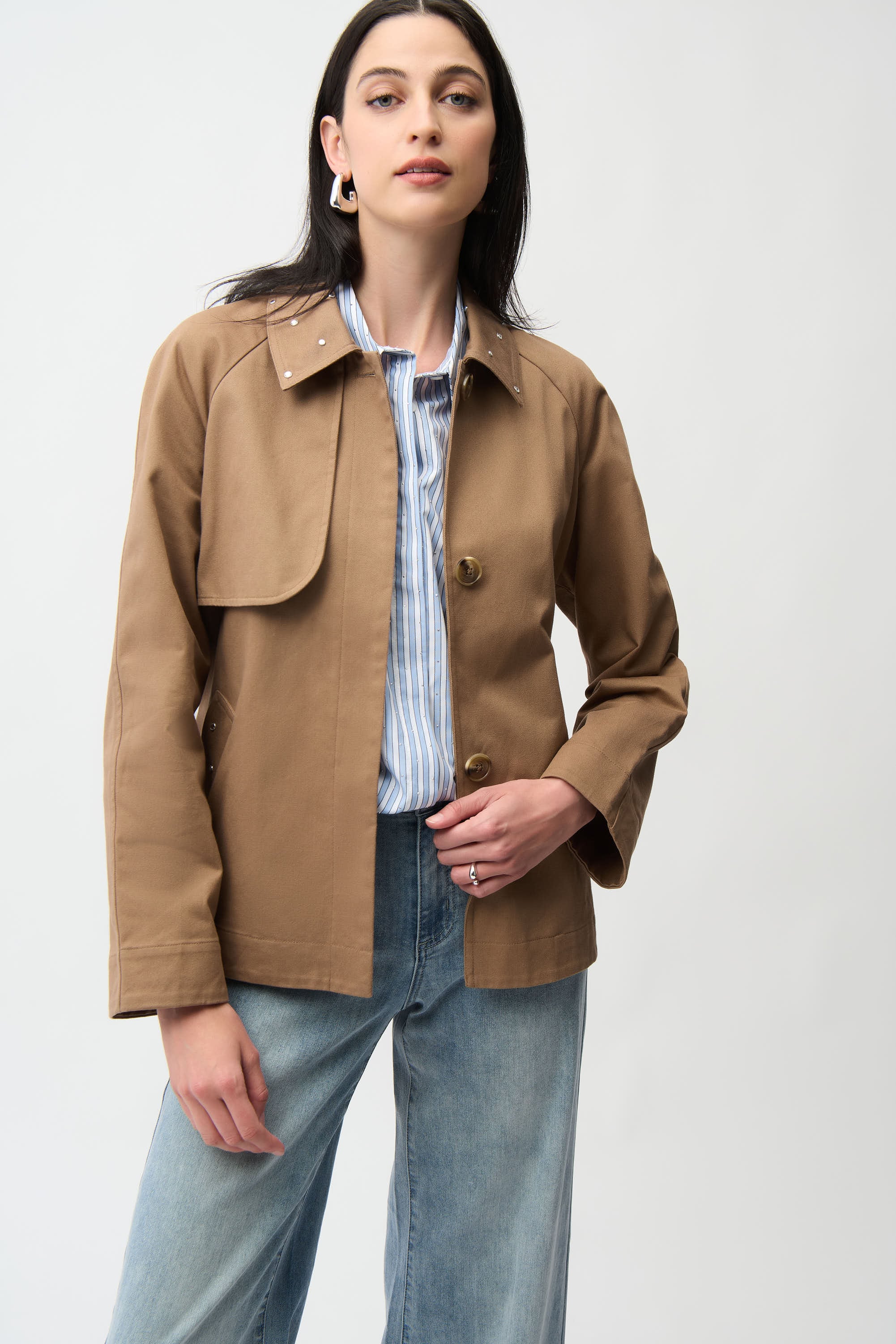 Cotton Twill Short Trench with Belt and Rhinestones Detail
