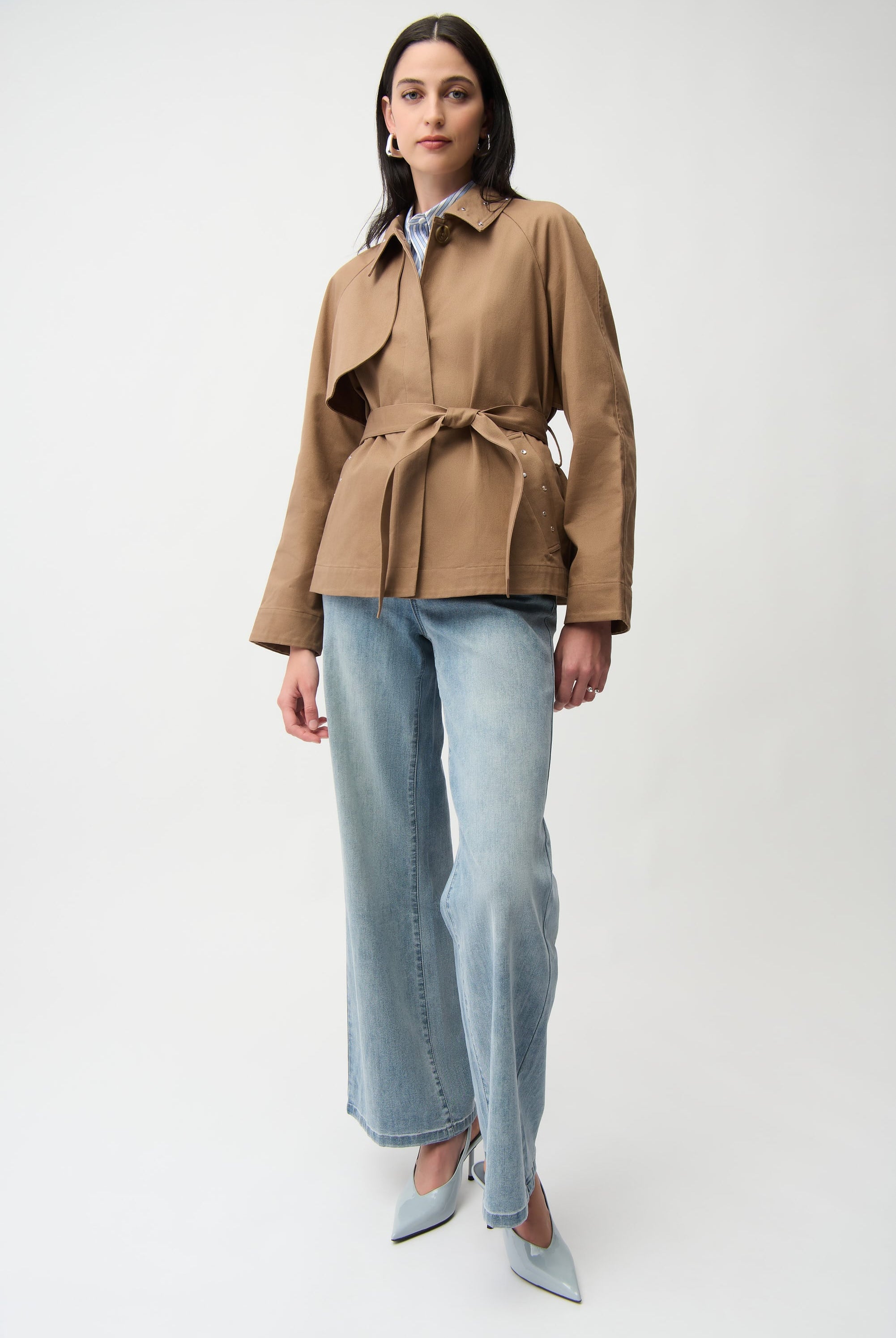 Cotton Twill Short Trench with Belt and Rhinestones Detail