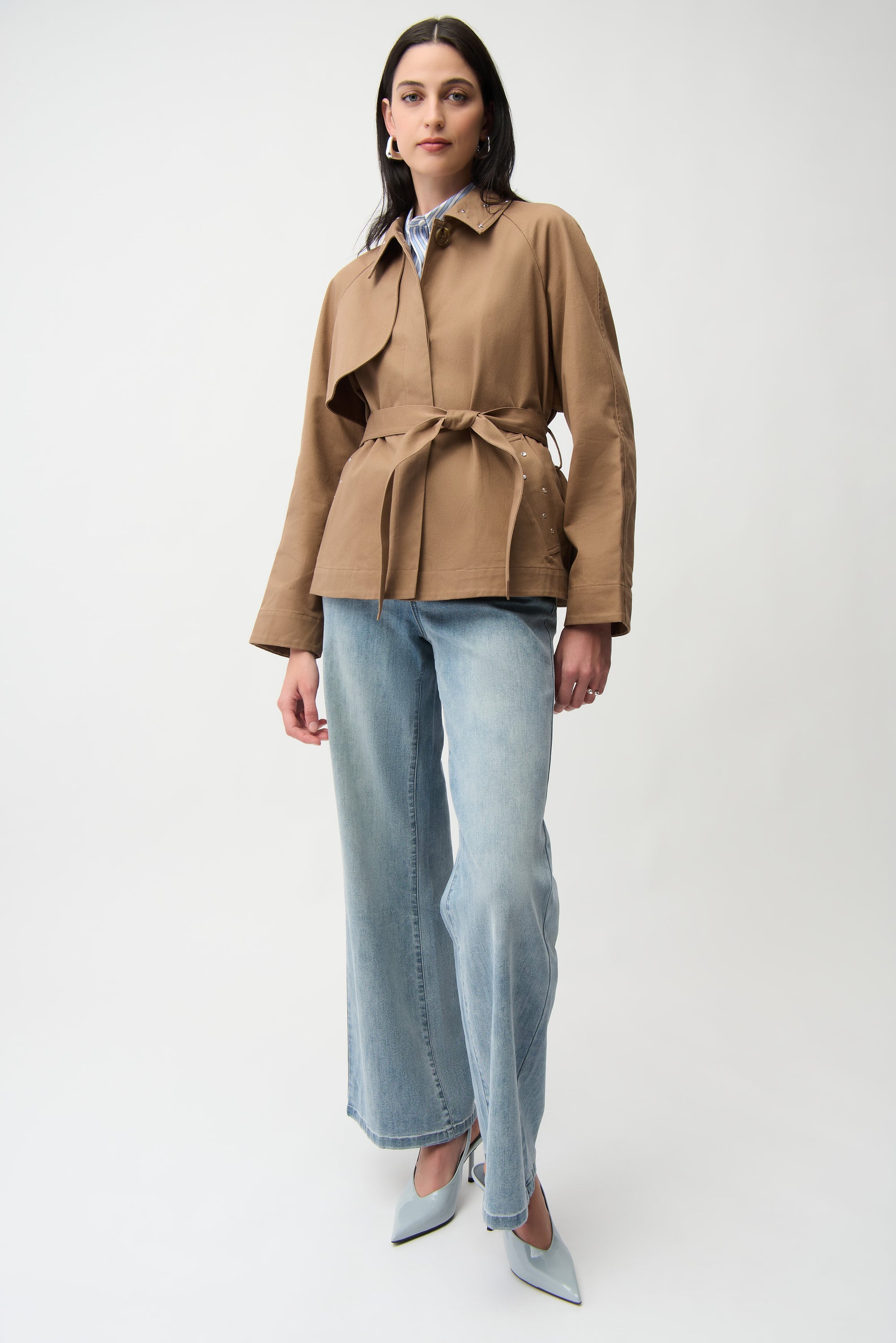 Cotton Twill Short Trench with Belt and Rhinestones Detail