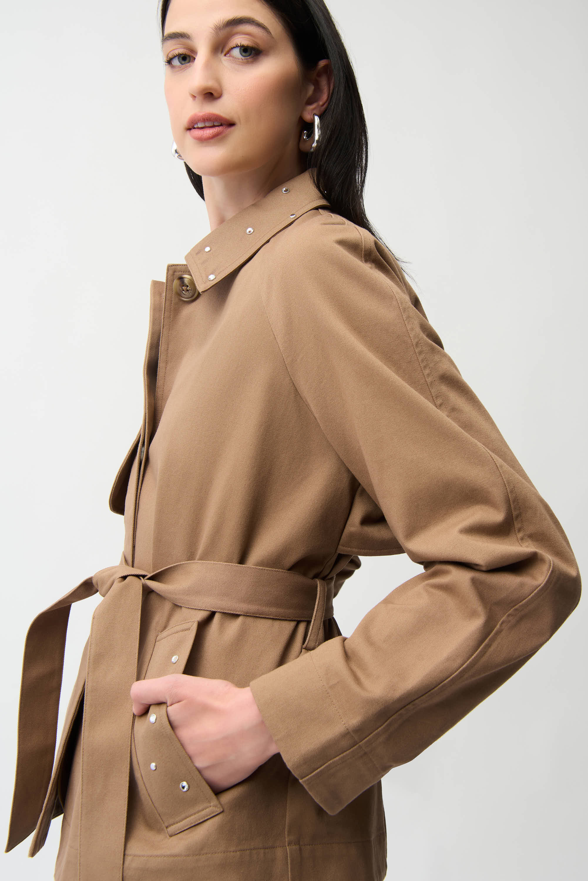 Cotton Twill Short Trench with Belt and Rhinestones Detail