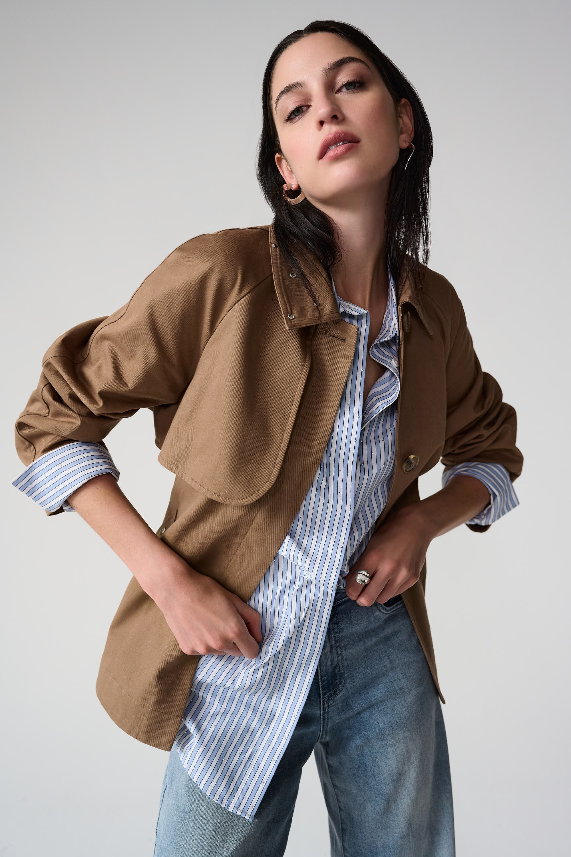 Cotton Twill Short Trench with Belt and Rhinestones Detail