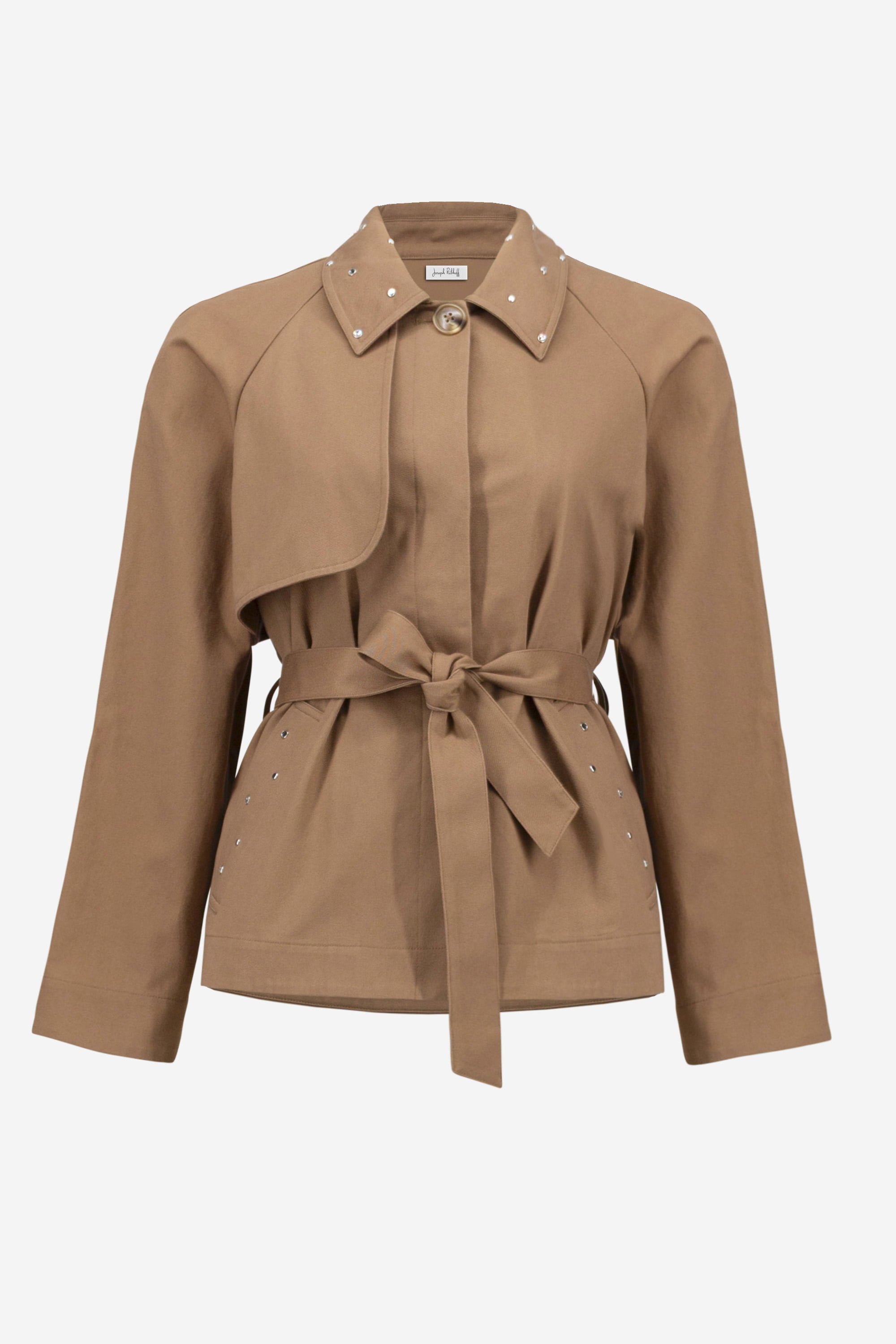 Cotton Twill Short Trench with Belt and Rhinestones Detail