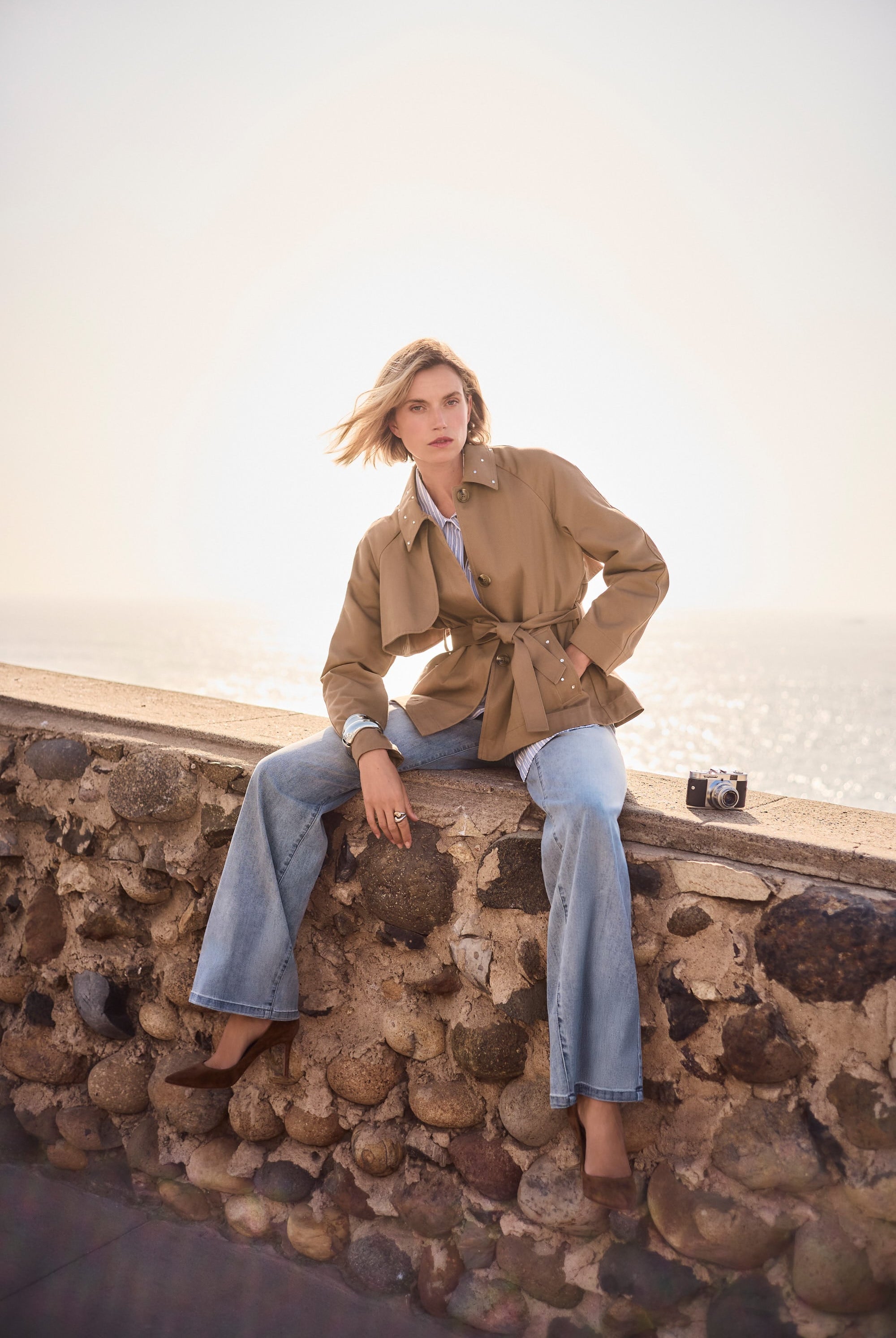 Cotton Twill Short Trench with Belt and Rhinestones Detail